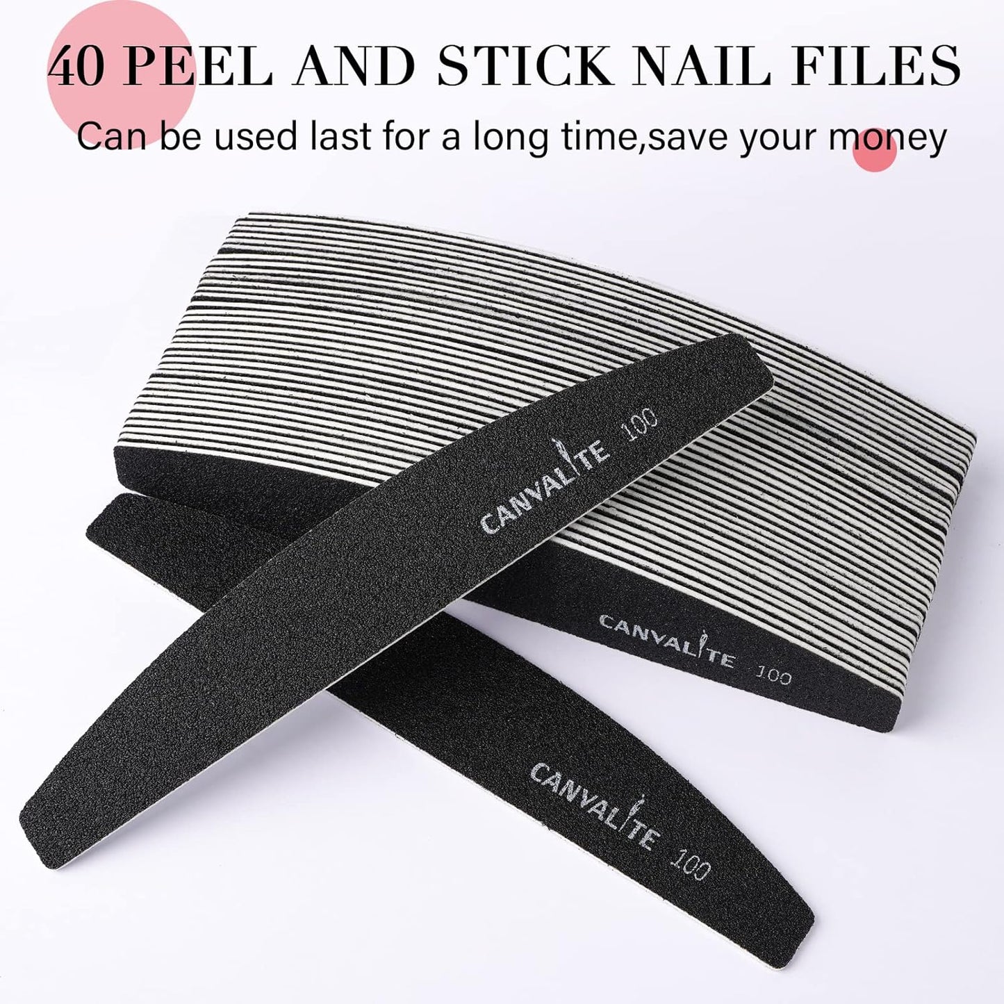 Canvalite 40 PCS Nail File Professional Reusable Peel and Stick Nail Files Replaceable Emery Boards 100 Grit Fingernail Files Manicure Tools for Home and Salon Use
