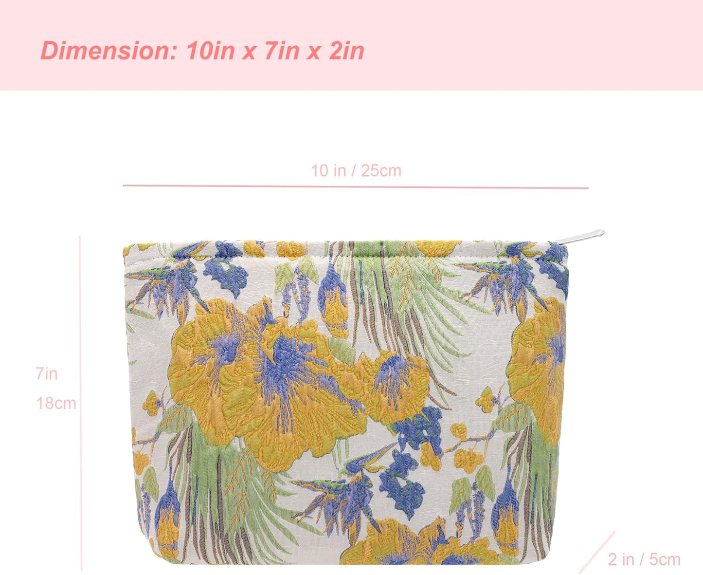 Makeup Bags for Purse Zipper Cosmetic Pouch Large Travel Canvas Make Up Organizer Tool Pouch for Women and Girls,Brocade Flower Yellow