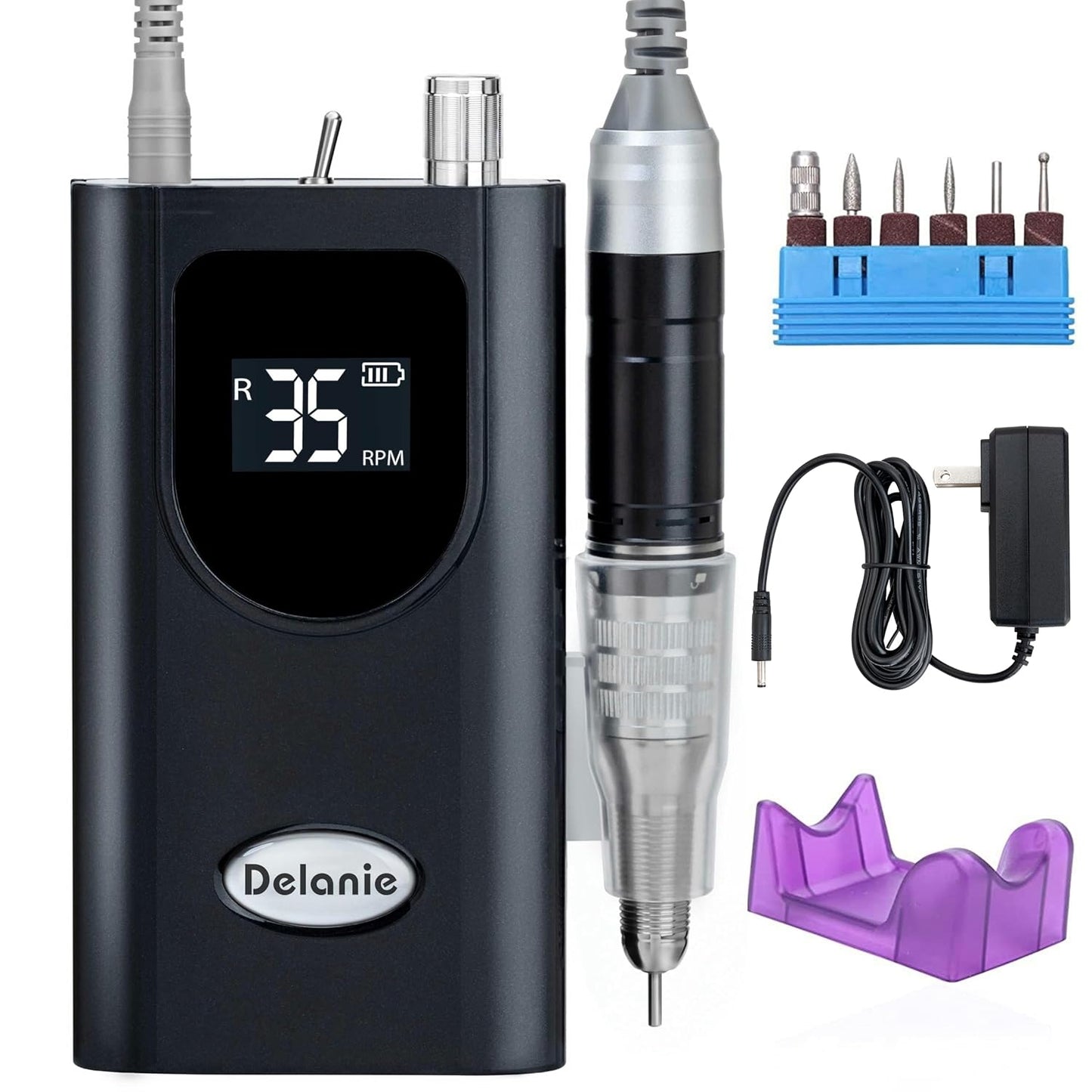 Delanie Professional Nail Drill High Torque 35000 RPM Rechargeable Portable Electric Nail File Filer for Acrylic Gel with Cuticle Bits, Salon Manicure Tool, Black