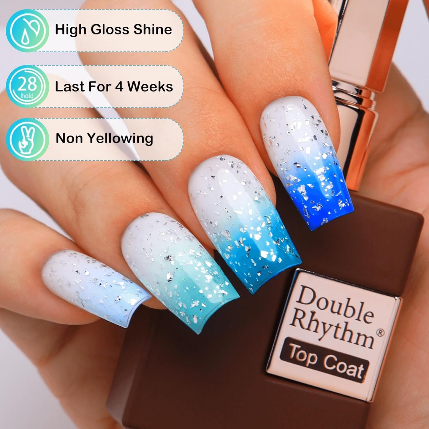 Double Rhythm 15ML No Wipe Gel Top Coat Base Coat Iridescent Glitter Shimmer 2 in 1 Nail Polish Soak Off Manicure DIY Home Salon (Silver Top Coat)
