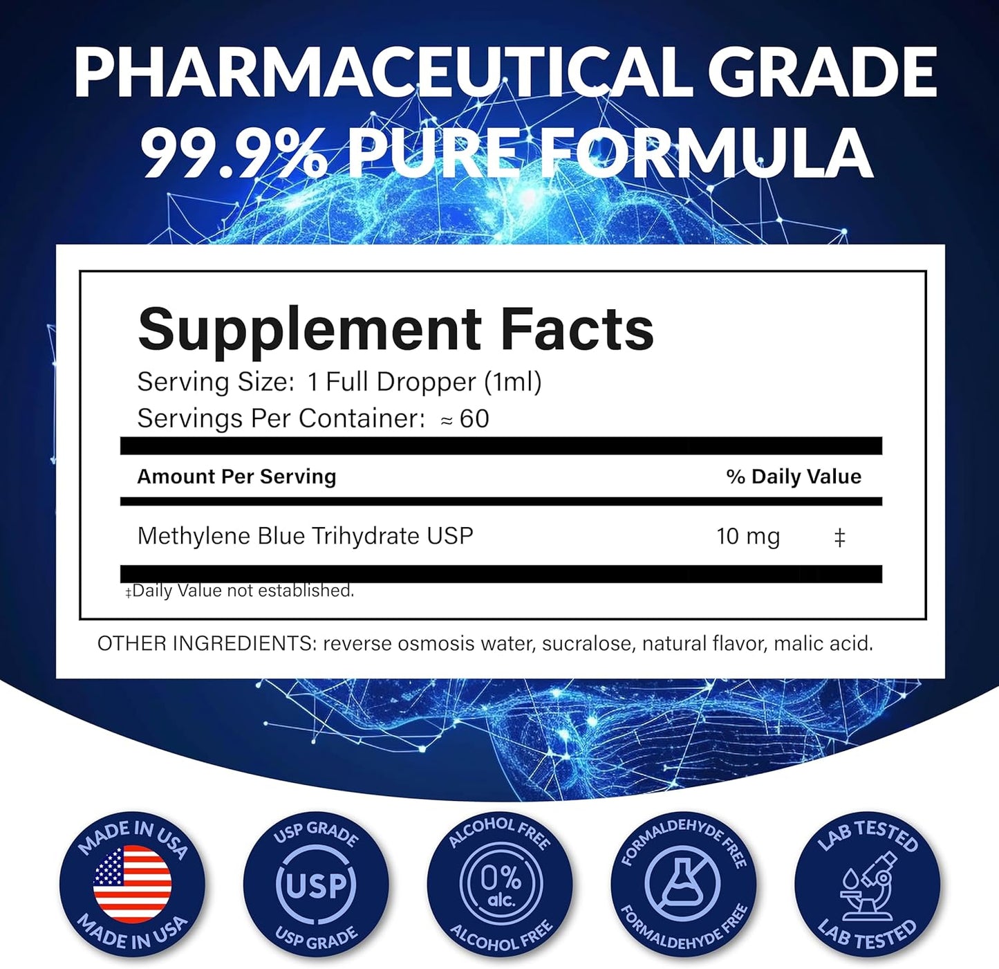 Methylene Blue Drops Pharmaceutical Grade - USP Liquid 10mg/mL - High Potency Nootropic Supplement - Blue Methylene Pure Liquid Concentrate - USP Grade Cognitive Support Drops – 2 Fl Oz (60mL)