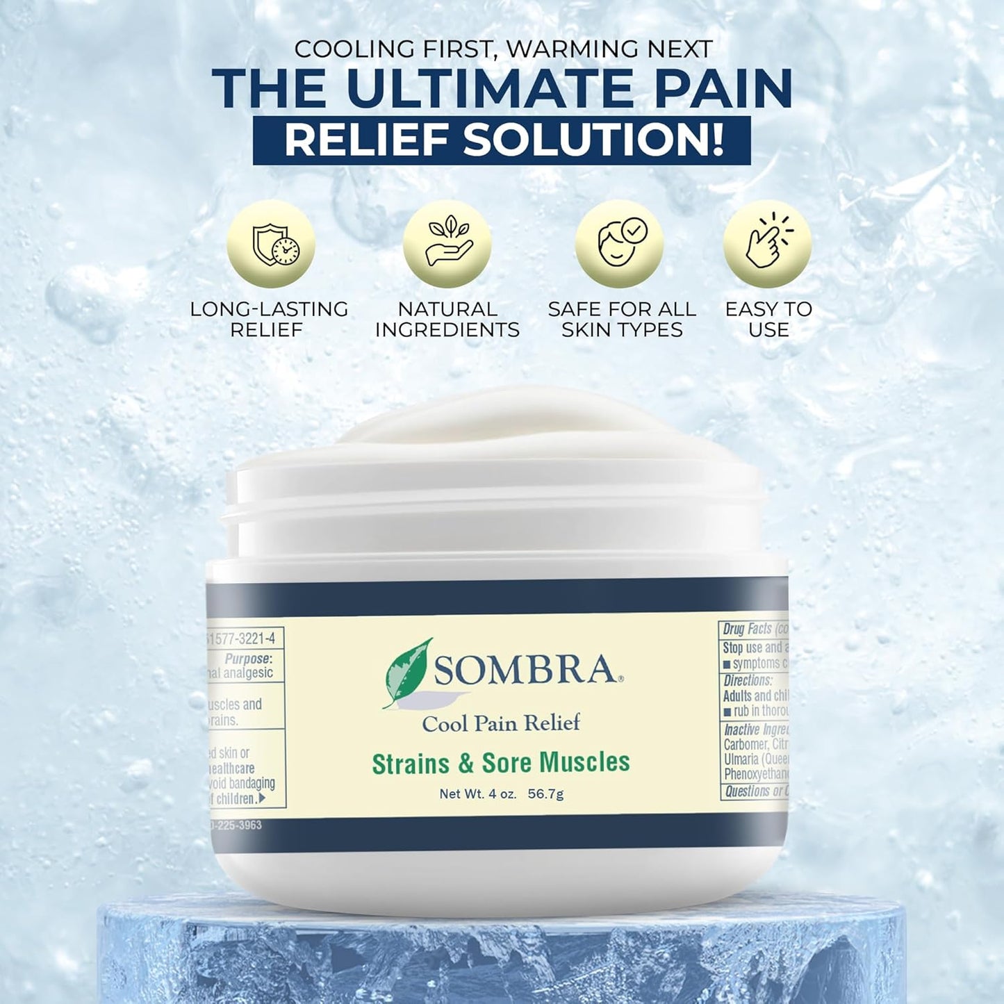 Sombra Original Cool Therapy Gel Cold Pain Relief for Swelling, Growing Pains, Soreness, Post-Workout, Vegan Formula Free of Artificial Fragrances, Dyes, NSAID, Wax, Petroleum, Alcohol - 4oz Jar
