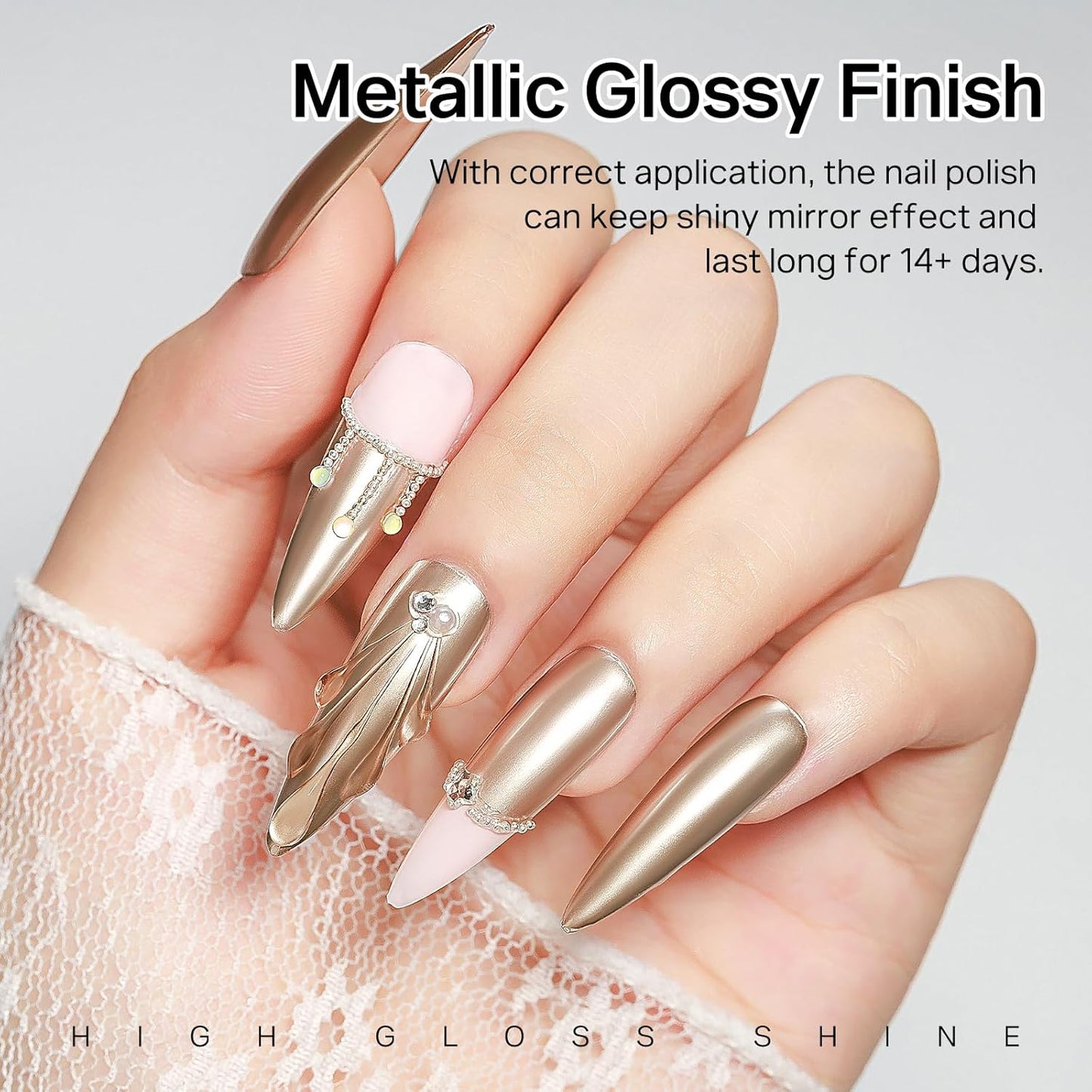 MIZHSE Champagne Mirror Nail Polish, Quick Dry Metallic Nail Polish, Air Dry Fast Chrome Nail Lacquer Bright Color Oil-based Nail Art Manicure DIY Home