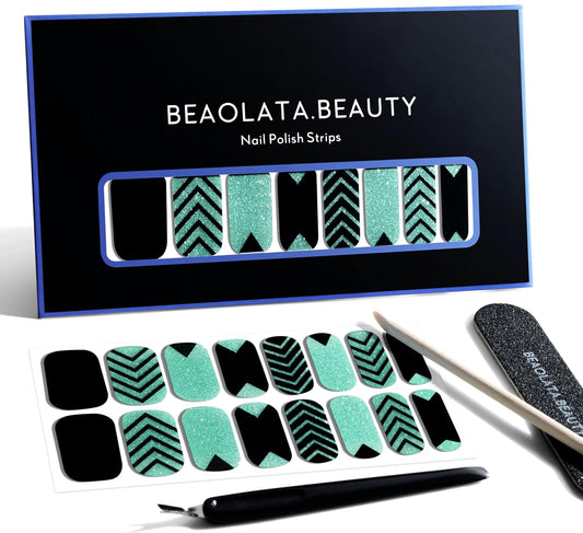 Nail Polish Strips, 32PCS Salon Quality Wraps, Long Lasting Gel Nail Stickers for Women Easy Apply& Remove (Geometry Green Glitter)