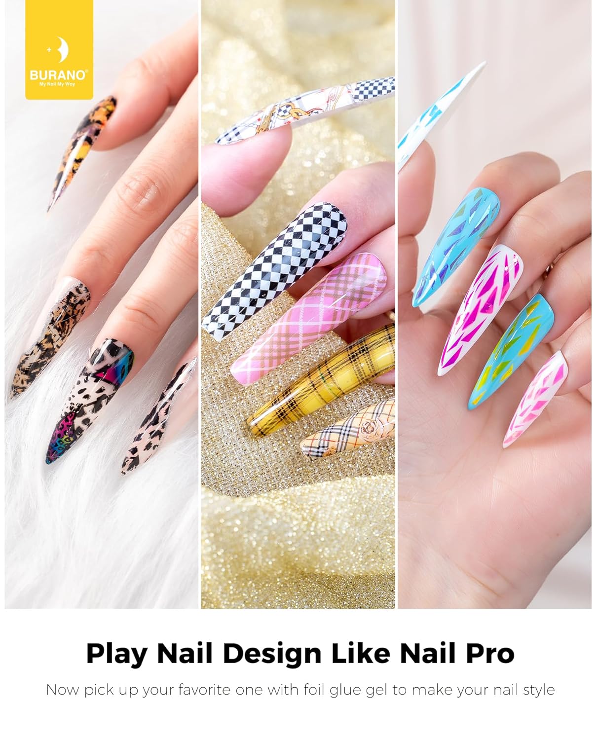 BURANO Nail Art Nail Foil Glue Gel, o.5 oz with 10PCS Foil Stickers Set Nail Foil Glue for Nails Foil Transfer Gel, Nail Design DIY UV LED Lamp Required (Leopard Foil 08)