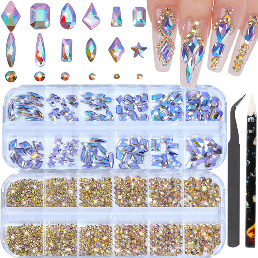 HNUIX Nail Rhinestones - 3D Multi Shape Size Crystal, Phantom Purple Nail Gems, Flat Back, with Kit, for Nail Art, DIY Decorations