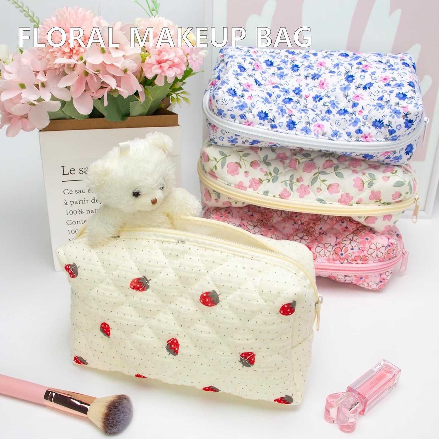 PAZIMIIK Vintage Quilted Makeup Bag Cosmetic Pouch for Brushes Pencils and Travel Make Up Accessories for Women and Girls Gauze Strawberry