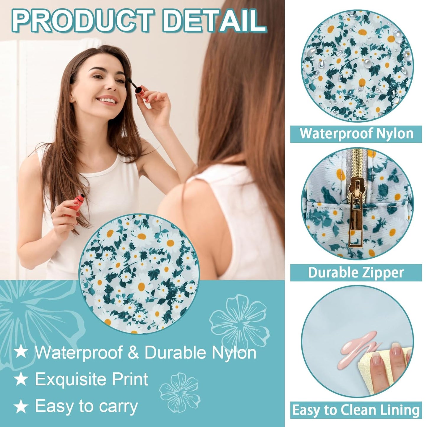 Waterproof Small Floral Pencil Case Makeup Bag for Purse,Cute Flower Pencil Pouch Preppy Nylon Makeup Brush Holder with Zipper,Girls Portable Storage Case for Work(Slim Green-Daisy)