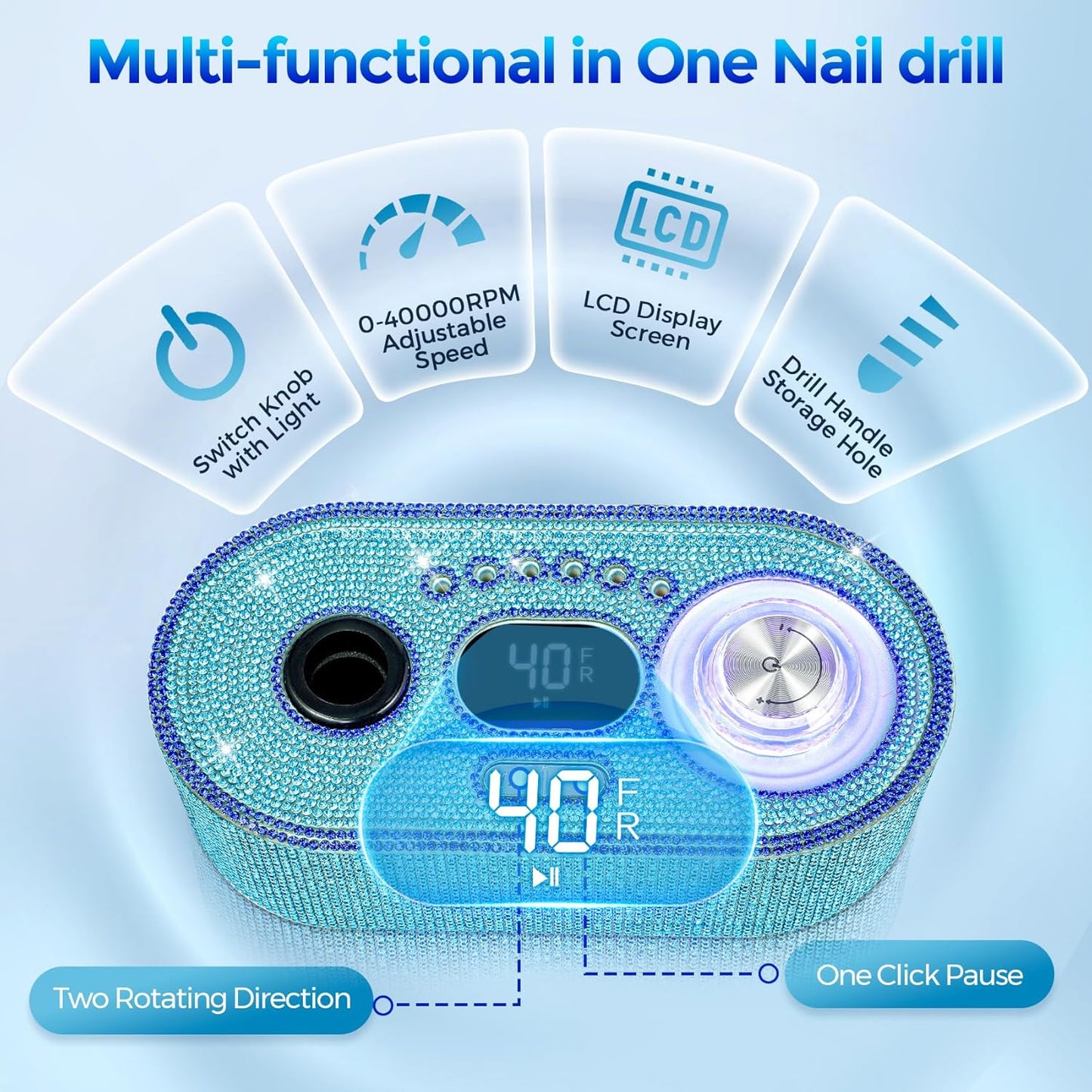 Nail Drill Electric File: DEDNMSCA Sparkly Professional Nail Drill Kit, 40000RPM E-file Machine with USB LED Light and 12 Drill Bits for Acrylic Nail Remove Gel Polish Manicure for Salon Home, Diamond