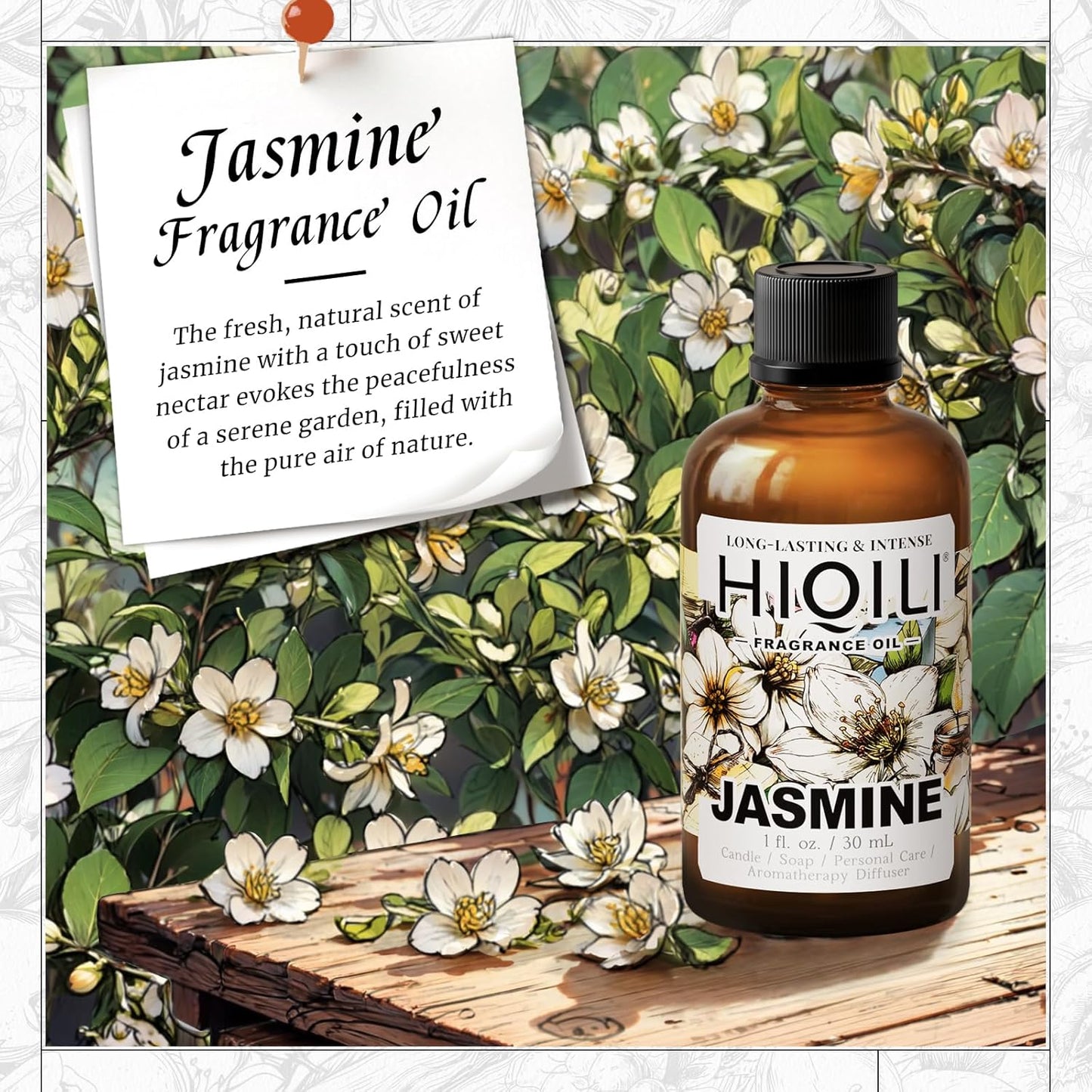 HIQILI Jasmine Fragrance Oil for Aromatherapy Diffuser, Floral Scent for Candle, Perfume Making, Skin Care, Laundry Essential Oil - 1 Fl Oz