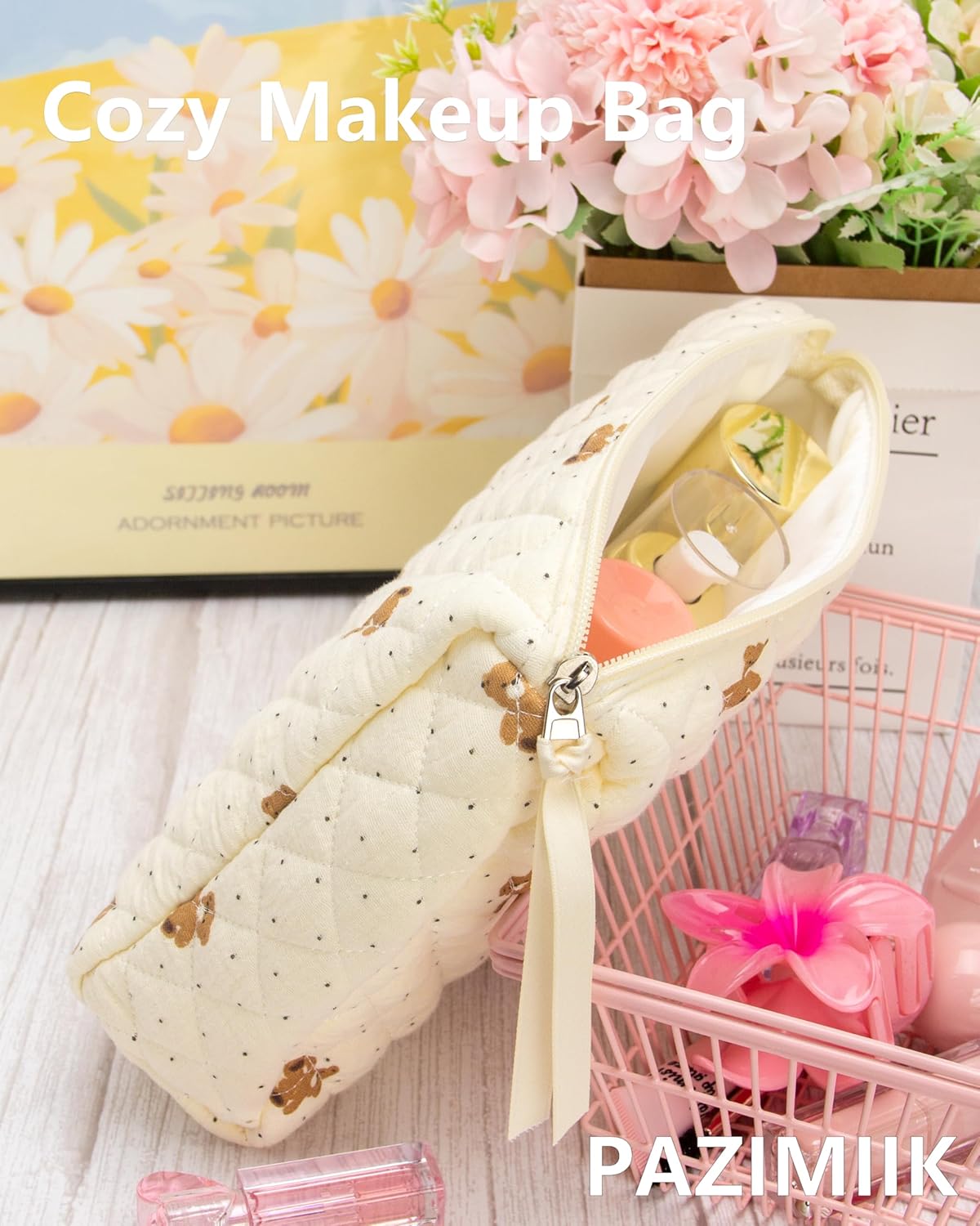 PAZIMIIK 3PCS Makeup Bag SET Large Travel Quilted Zipper Soft Cosmetic Case Pouch for Women Girls Make Up,Gauze Bear