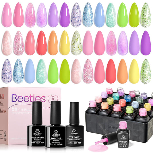 Beetles Gel Nail Polish Set - 28 Pcs Pastel Pink Yellow Green Blue Glitter Macaron Color Gel Polish Set Fluttered Eden Soak Off Nail Polish UV LED Nails Art Halloween Gifts for Women Girl