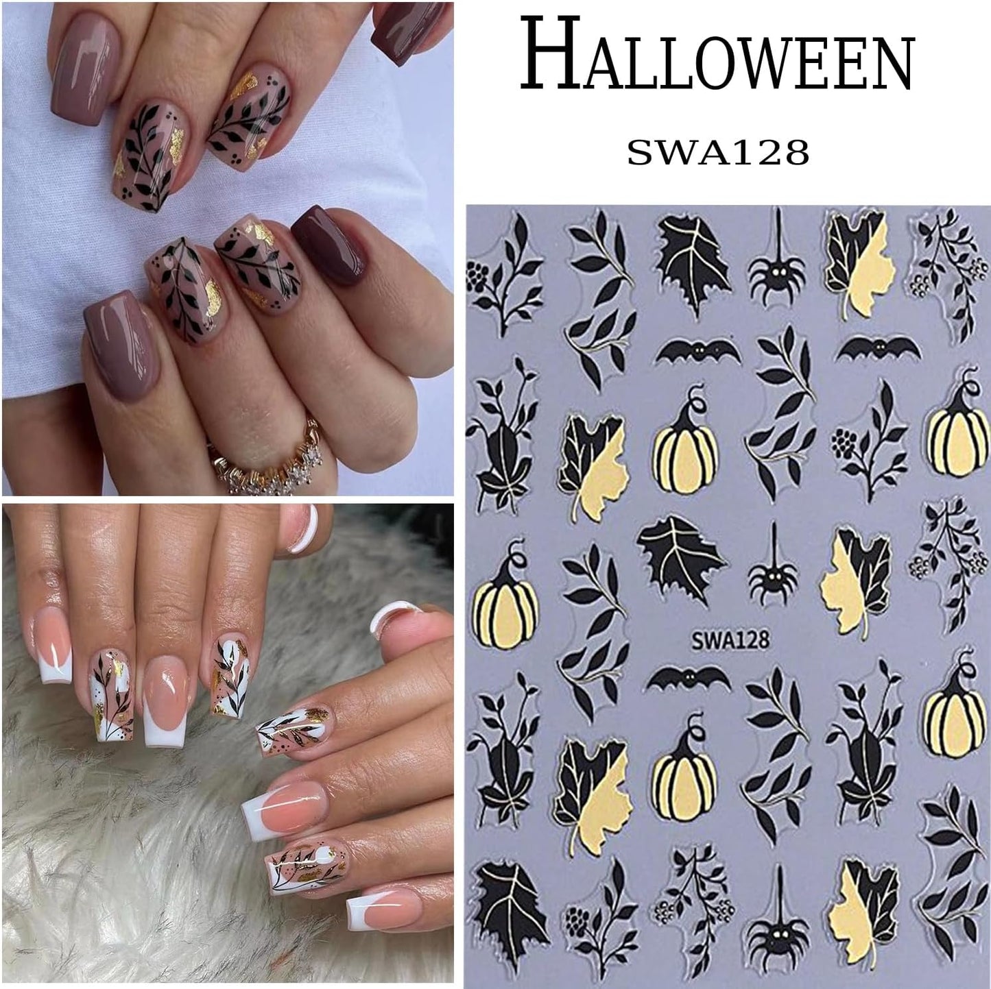 6 Sheets Halloween Nail Art Stickers 3D Self -Adhesive Pumpkin and Leaves Nail Decals Holographic Spider Bat Nail Stickers Halloween Nail Decoration for Women Manicure Supplies