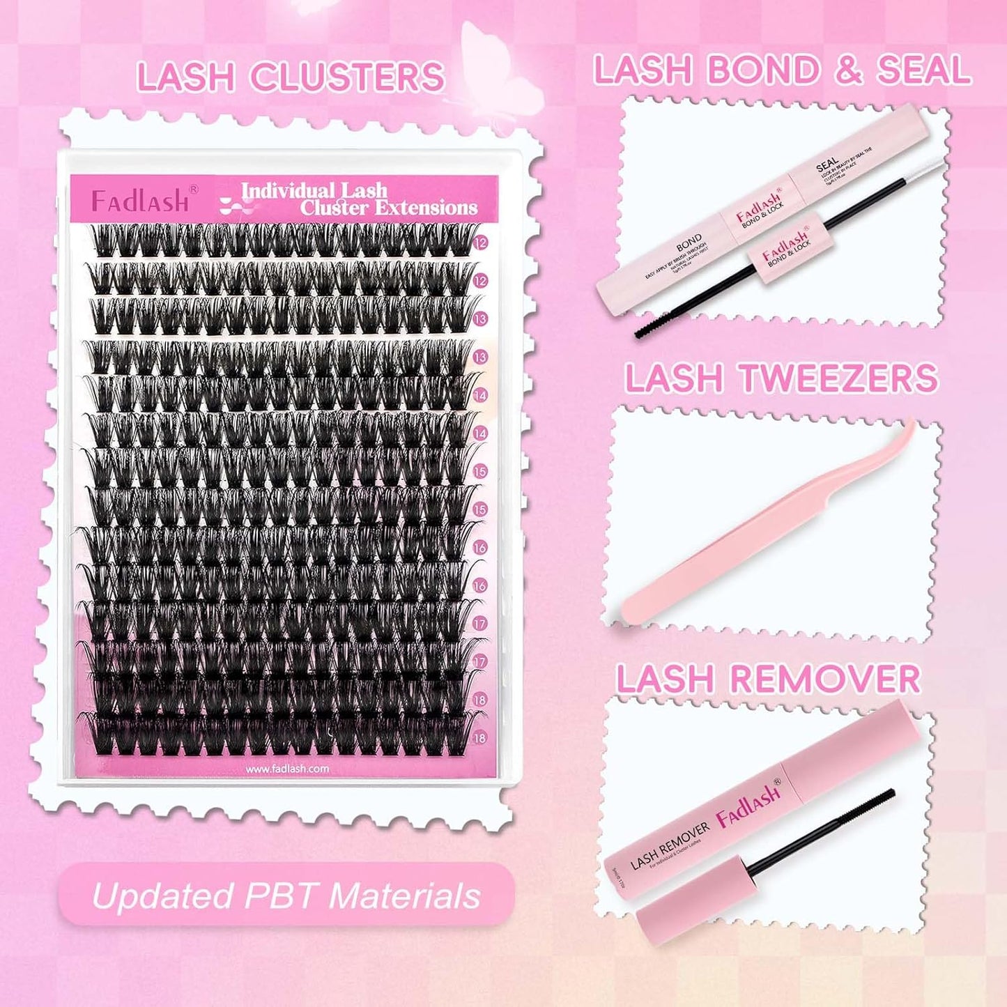 FADLASH Lash Extension DIY Kit Lash Clusters D Curl Cluster Lashes with Lash Bond and Seal Cluster Lashes Glue Remover Lash Tweezers for DIY Eyelash Extension at Home（Kit 80D-0.07D-12-18MIX）