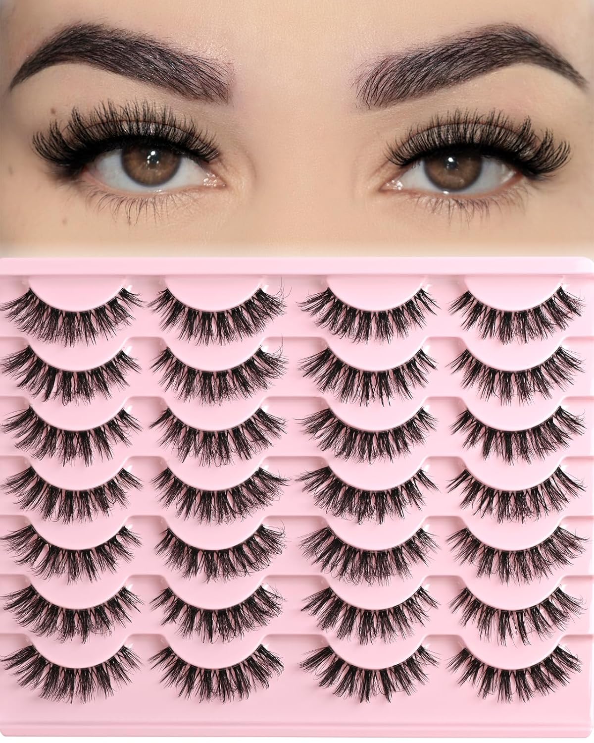 FARRED Cat Eye Lashes False Eyelashes Short Wispy Lash Strips Volume Eyelash 14 Pairs Cateye Medium Length False Clear Band Lashes Natural Looking Hybrid Clusters Full Strip Lashes (F29 | 7-14mm)