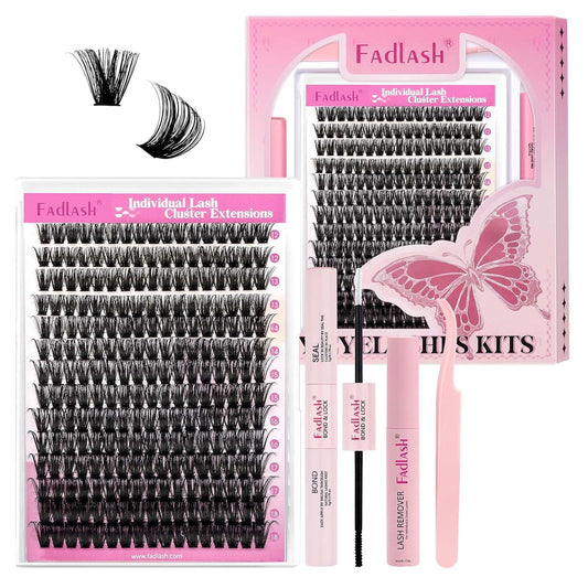 FADLASH Lash Extension DIY Kit Lash Clusters D Curl Cluster Lashes with Lash Bond and Seal Cluster Lashes Glue Remover Lash Tweezers for DIY Eyelash Extension at Home（Kit 80D-0.07D-12-18MIX）