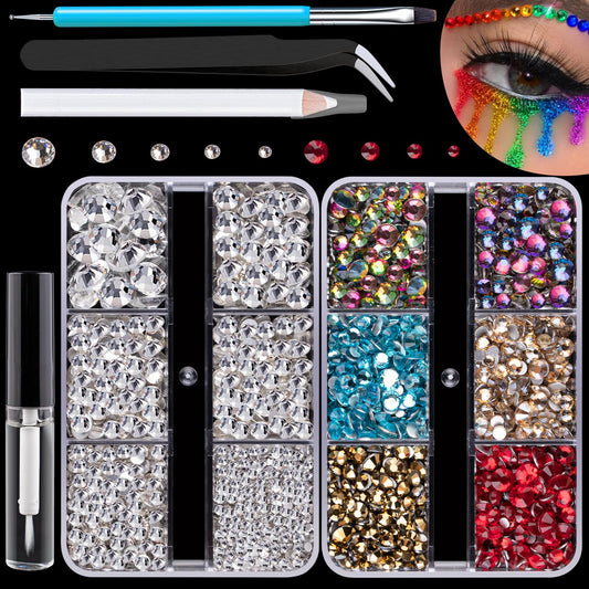 Colorful Face Gems for Makeup Set, Flatback Gorgeous Clear Glass Gem and Mixed-Colored Crystals with Makeup Glue+Picker Pencil+Tweezer+Dual-End Dotting Tool for Eye Body Hair Make-up and Nail Art Deco