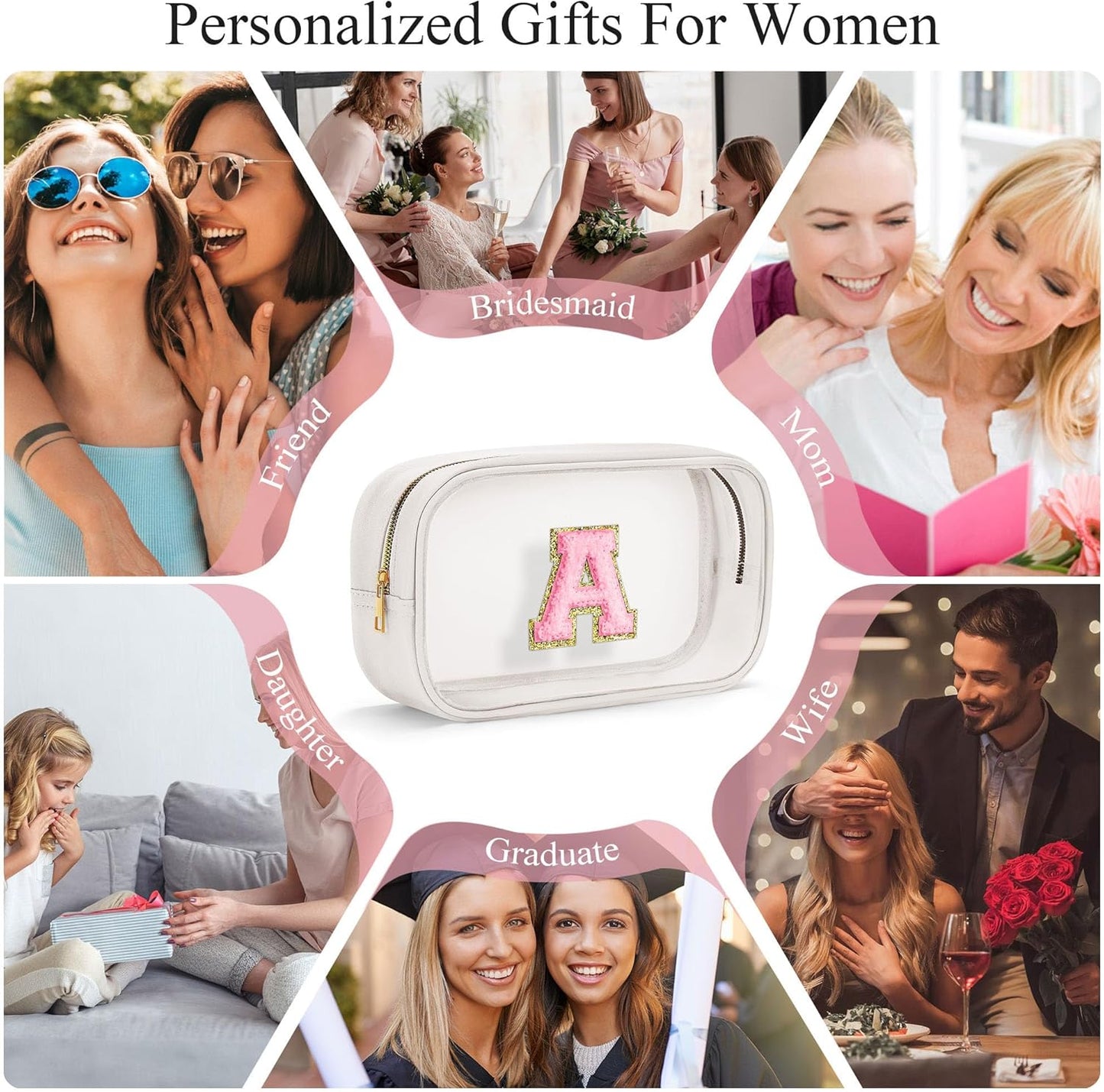 YOOLIFE Cute Travel Toiletry Bag - White Makeup Bag Organizer for Cosmetics, Skincare, Gifts for Women, Bridesmaid, Mother, Girlfriend, Initial D