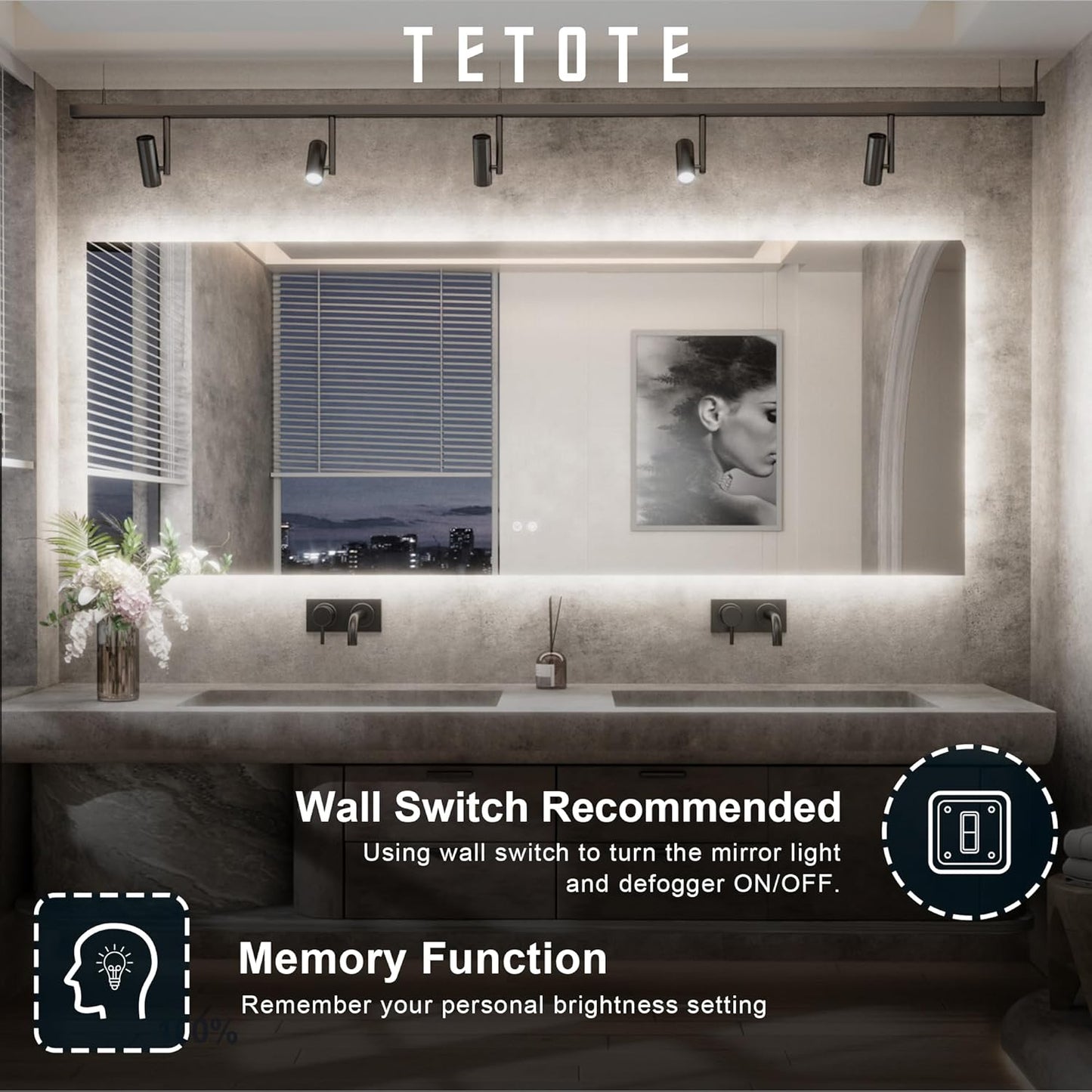 TETOTE 84 x 32 Inch LED Backlit Bathroom Mirror with Lights,Anti-Fog,Dimmable Lighted Mirror(Horizontal/Vertical) Wall Mounted Vanity Mordern Mirror