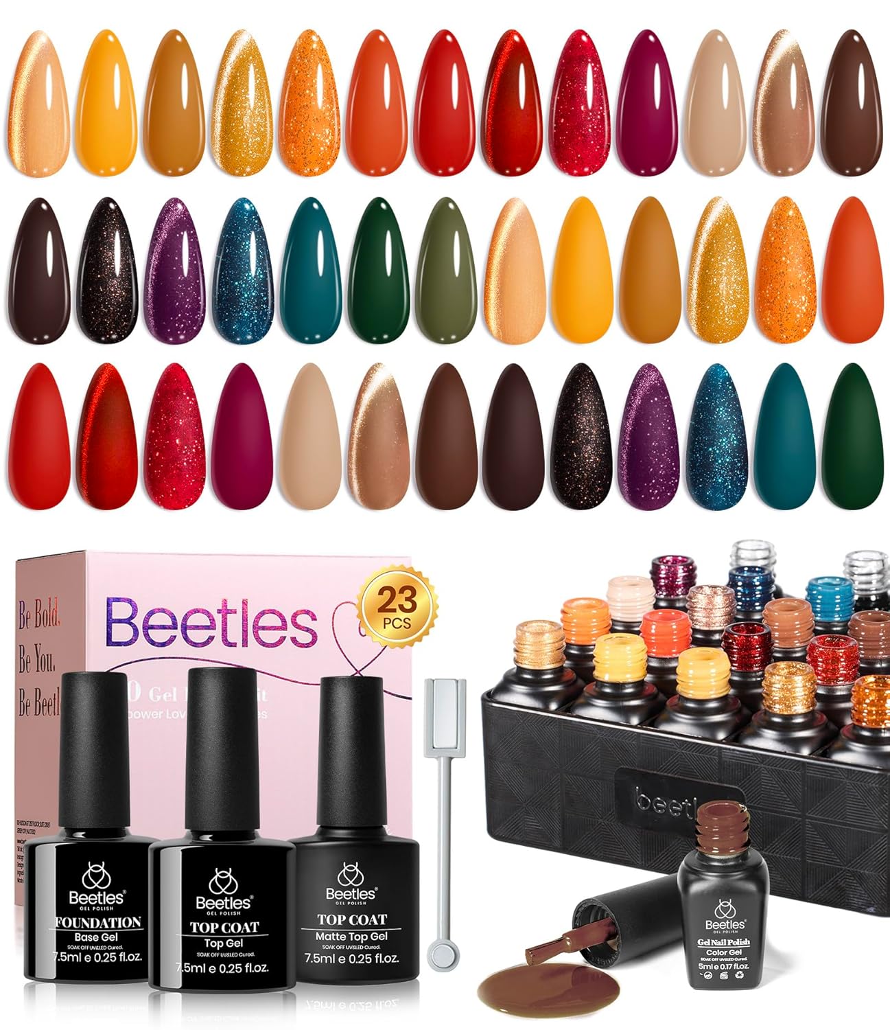 Beetles Fall Gel Nail Polish Colors Set - Amber Twilight 20 Colors 2025 Yellow Orange Red Cat Eye Brown Green Soak Off Uv Manicure Kit With Base Glossy Matte Top Coat Gift for Women