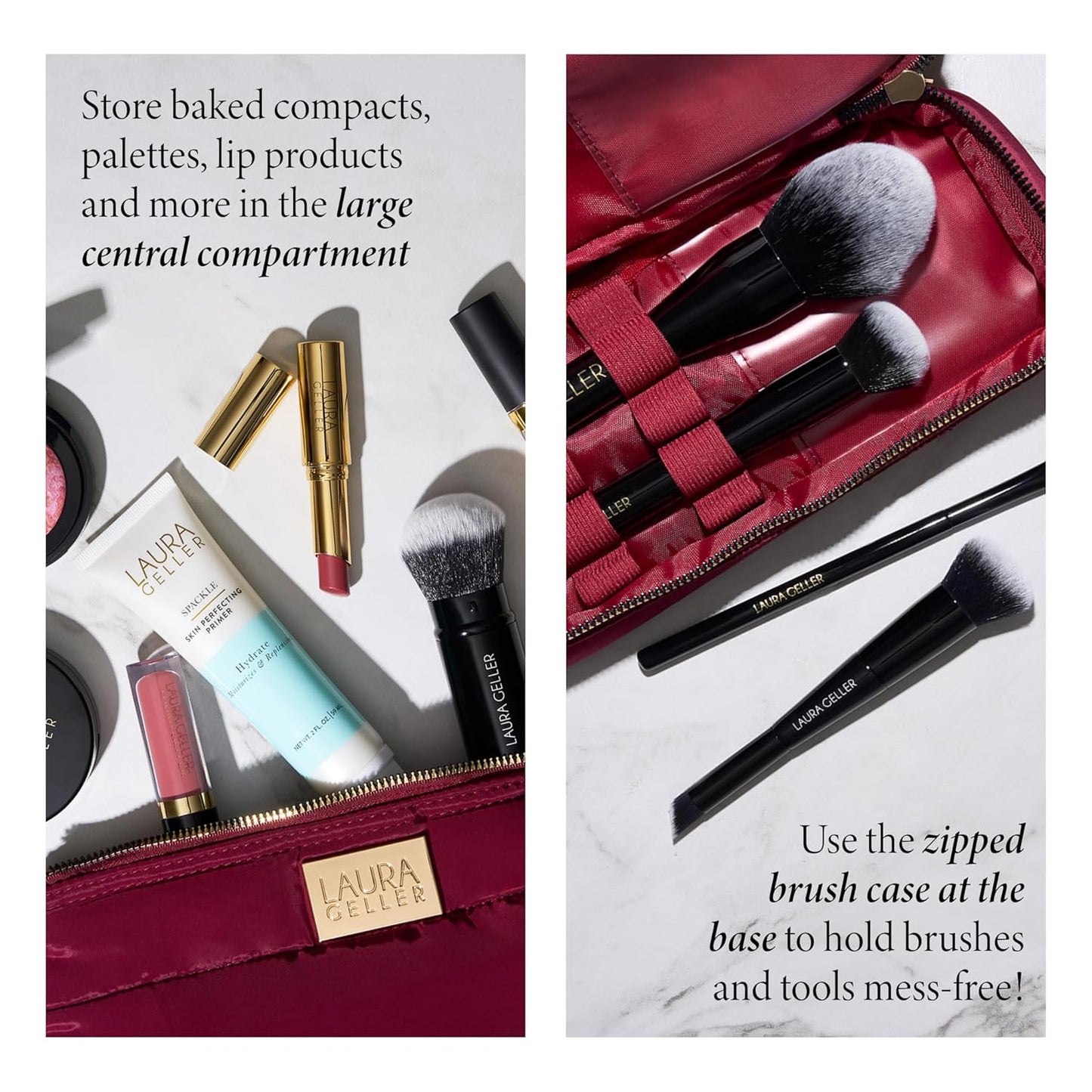 LAURA GELLER NEW YORK Quilted Makeup Bag with Brush Case, Burgundy - Toiletry Bag Organizer for Travel - Large Capacity Full Size Makeup Bag - Easy to Clean