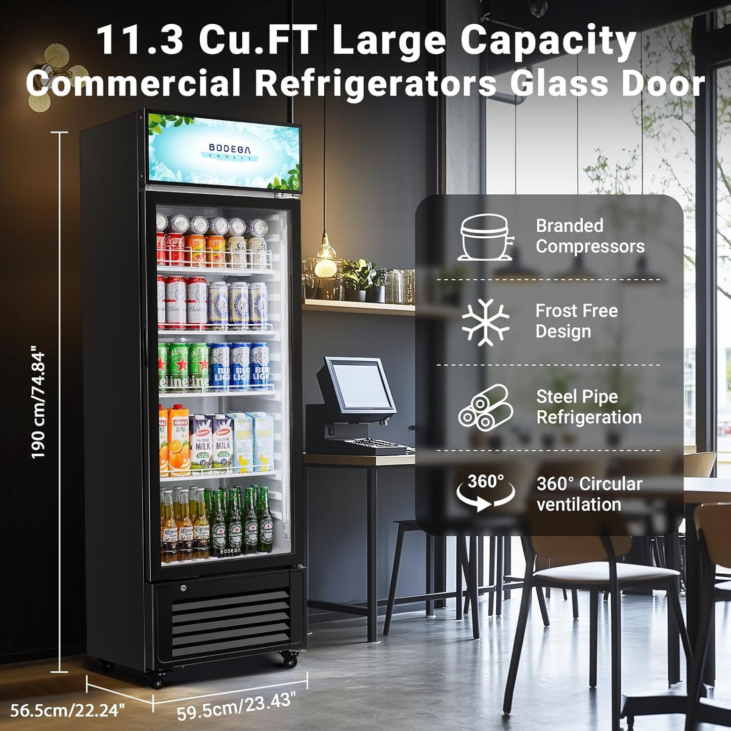 BODEGACOOLER Commercial Refrigerators with 4 shelves, 240 cans &160 bottles Beverage, 11.3 Cu. Ft. Commercial Merchandiser Refrigerators with Soft LED Light,For Garage, Gym, Man cave, Shop, Office.