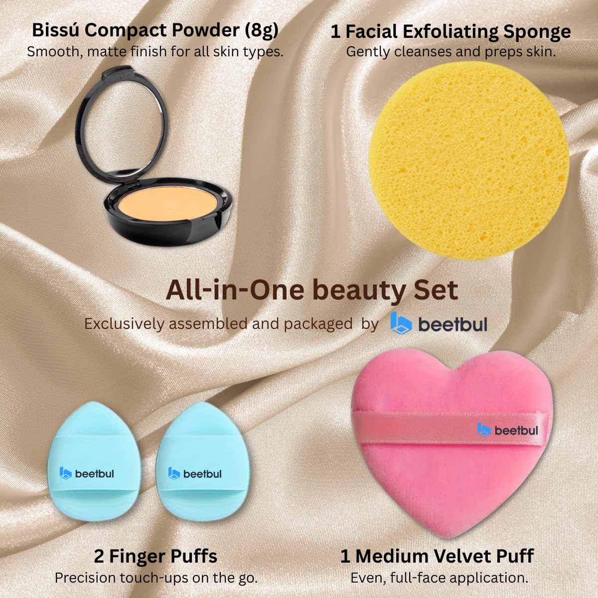 Beetbul Makeup & Exfoliation Kit - Bissú Compact Powder + 1 Medium Velvet Puff + 2 Finger Puffs + 1 Facial Exfoliating Sponge (02 Fresco, One Size)