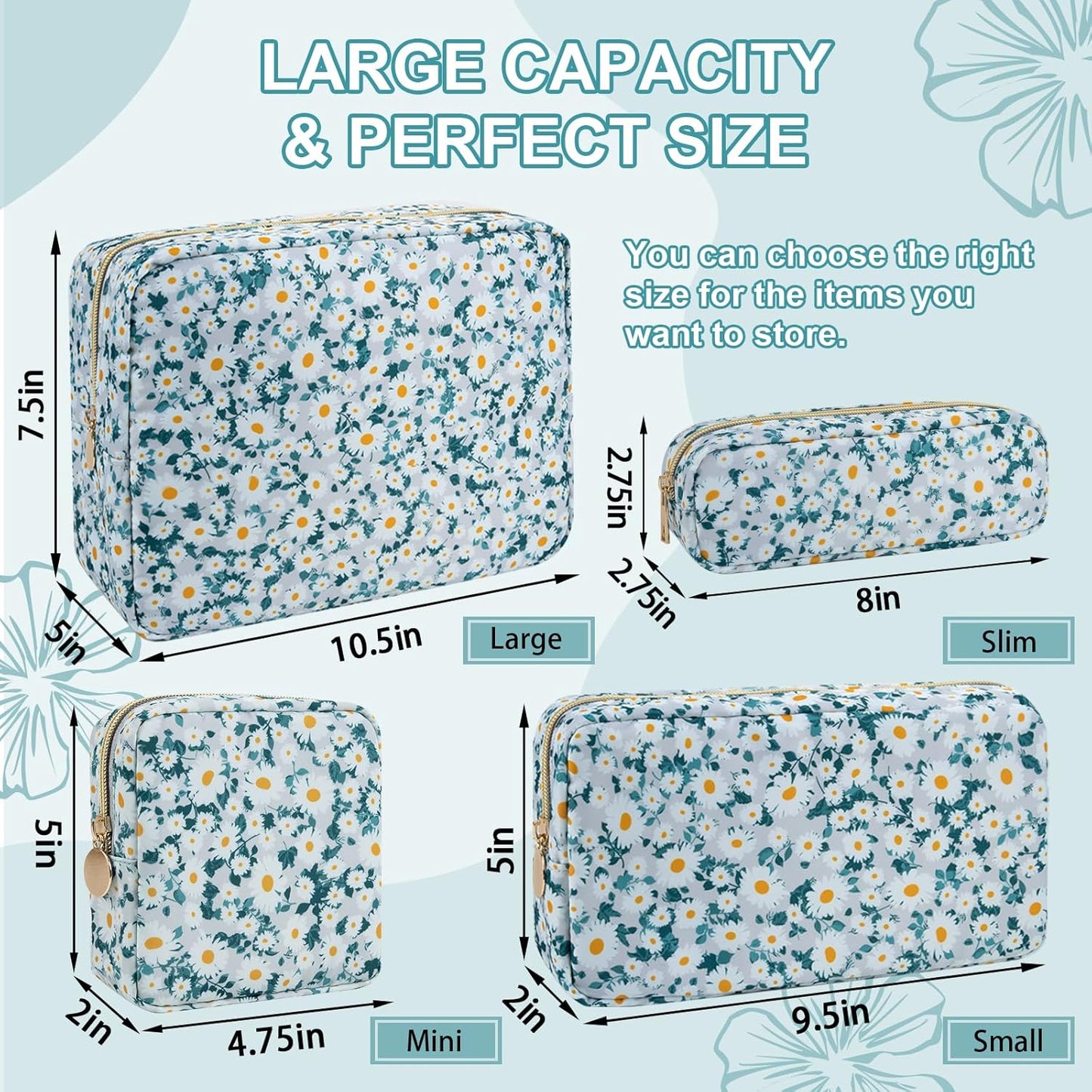 Waterproof Small Floral Makeup Bag Pouch for Purse,Nylon Flower Cosmetic Bag Preppy Travel Toiletry Storage Bag for Women Girl,Cute Makeup Organizer Bag Skincare Bag with Zipper(Small Green-Daisy)