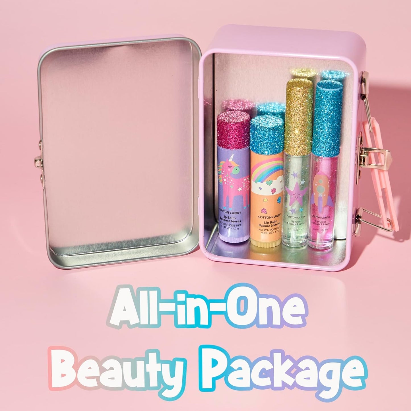 Expressions 5pc Rainbow Rhinestones Cosmetics Lip Kit For Kids w/Lip Glosses, Lip Balms & Tin Box Storage Case Magical Lip Set,Washable + Non Toxic