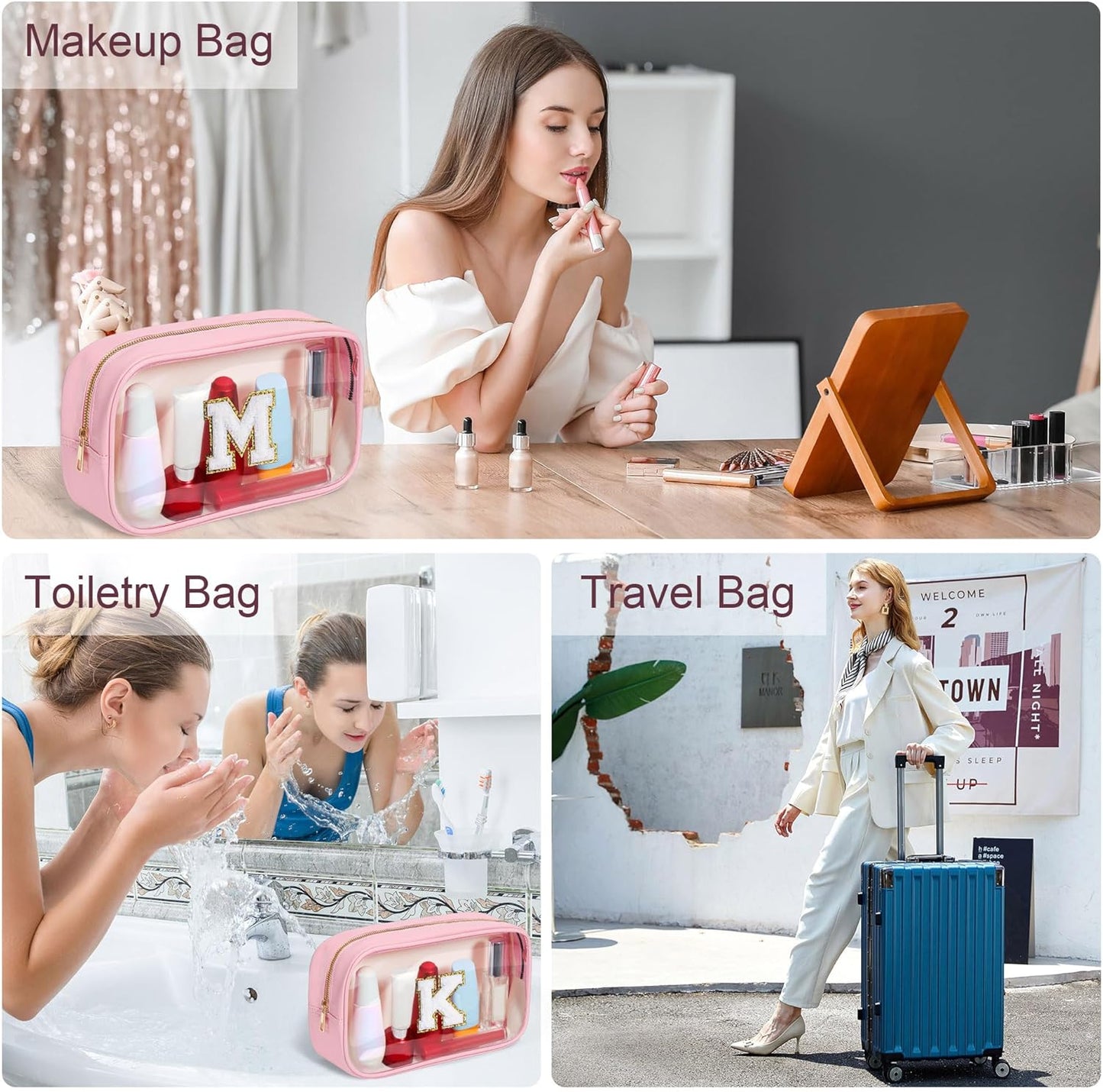YOOLIFE Initial Make Up Bag Travel Toiletry Bag, Clear Makeup Bag Preppy Cosmetic Bags Organizer Travel Essentials Pink Gifts for Women Teen Girlfriend Teacher Bridesmaid Birthday Mothers day Gifts Q