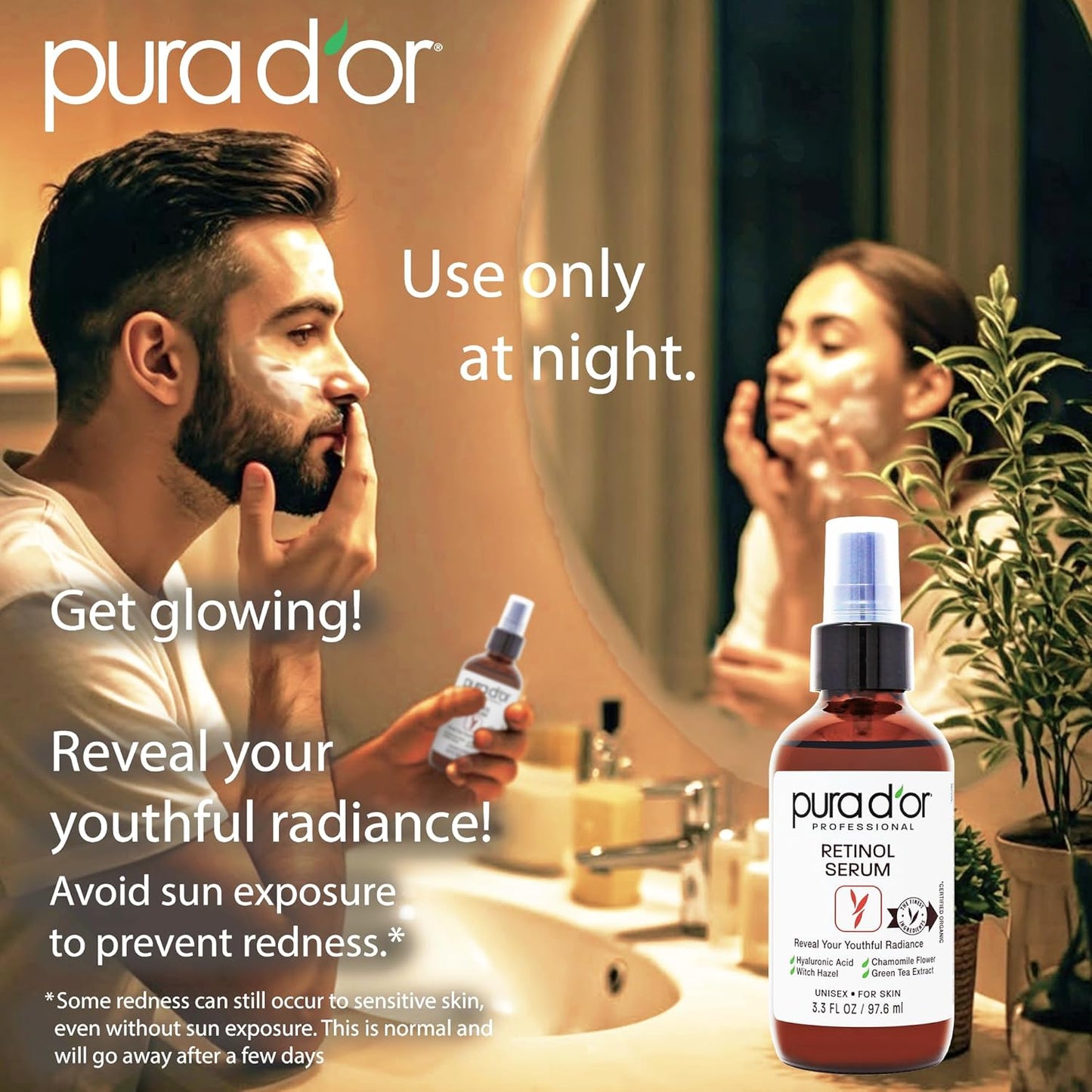 PURA D'OR 3.3 Oz Retinol Serum For Nighttime - Advanced PM Skin Care Formula - Anti-Aging Wrinkle Reducer for Radiant Skin - Natural Vitamin A & Collagen Booster - Fine Lines Treatment - Travel Size
