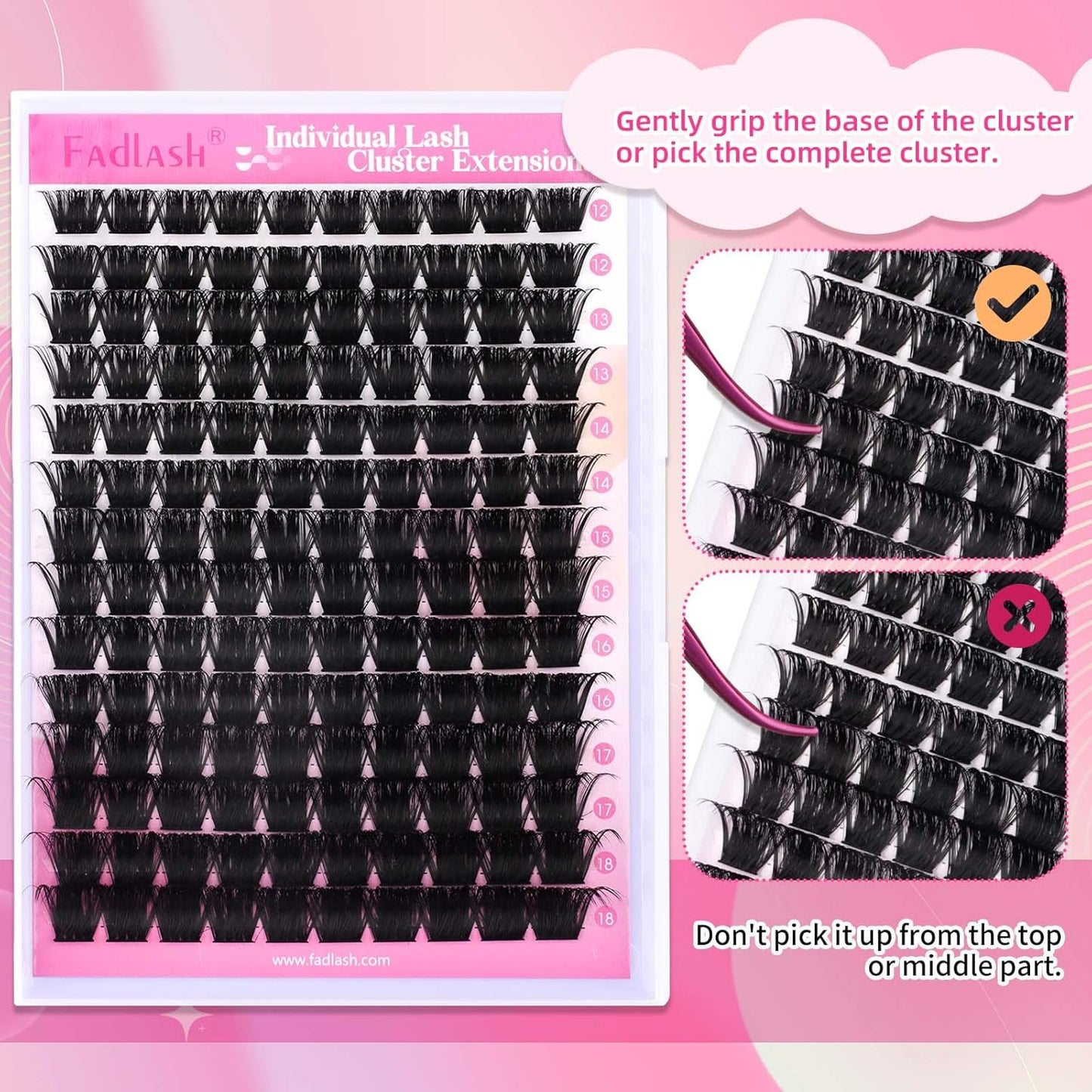 FADLASH Cluster Lashes D Curl Wispy Individual Lashes DIY Eyelash Extension Natural Look Reusable Fluffy Cluster Eyelash Extensions Self Application at Home (200D-0.07D-12-18MIX)