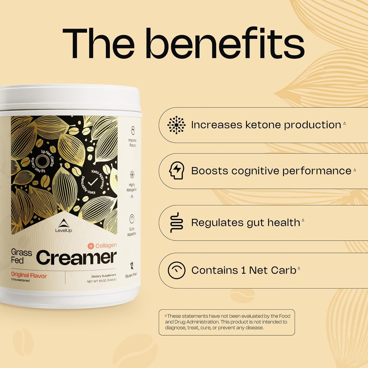 LevelUp Creamer, with Energizing MCT Oil and Collagen Peptides, Keto Coffee Creamer, Supports Natural Energy & Ketone Production - Original (Unsweetened) 19 oz