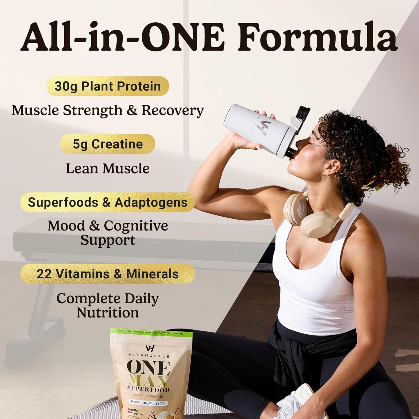 VitaHustle ONE Max Protein Powder, 30g Plant Protein + 5g Creatine, All-in-One Meal Replacement Shake with Greens, Adaptogens, Ashwagandha, Probiotics & Vitamins – Vanilla Ice Cream, 15 Servings