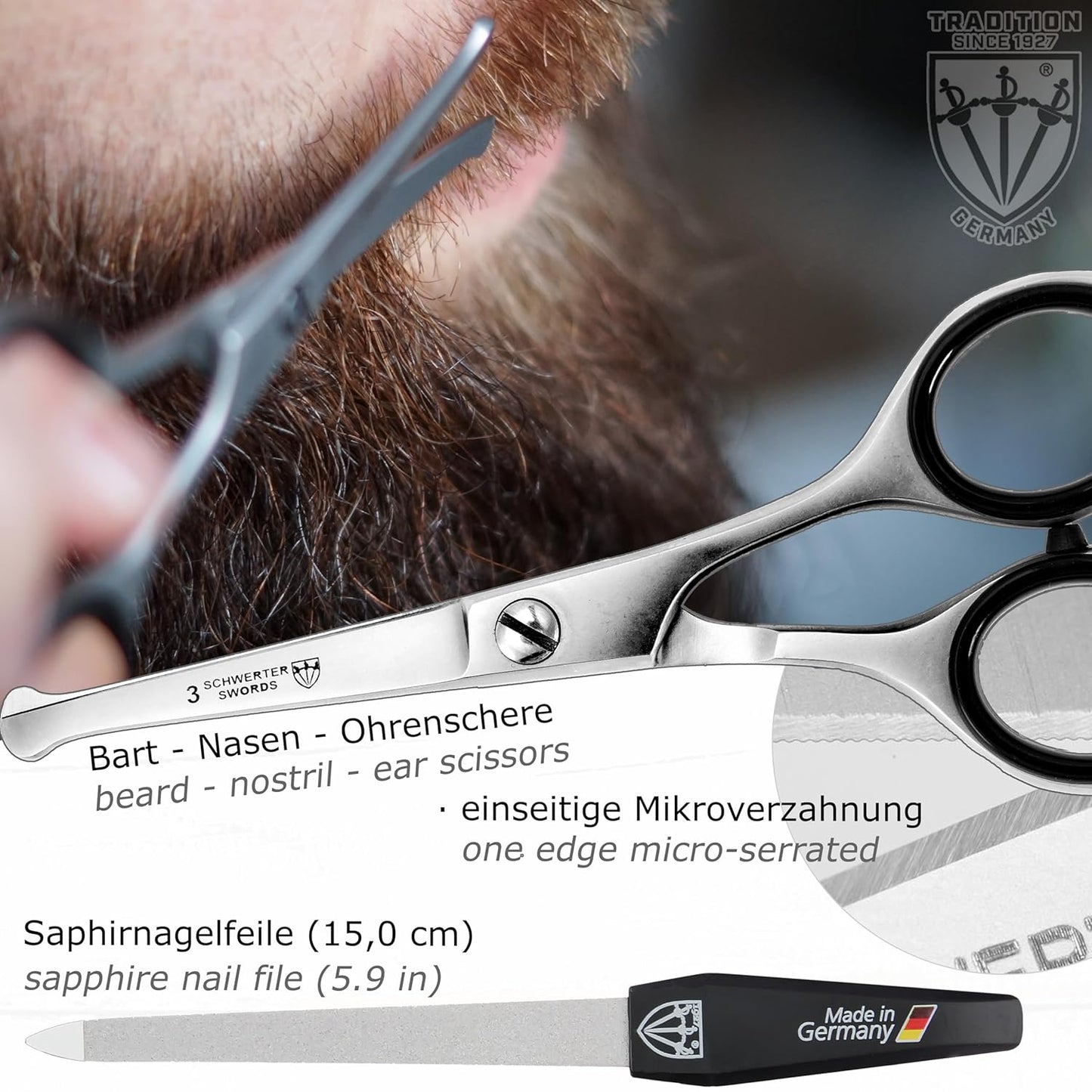 3 Swords Germany - brand quality professional TOE NAIL NIPPER and BEARD SCISSORS set STAINLESS STEEL INOX wave clipper, head cutter with case for ingrown toe nails pedicure by 3 Swords (219)