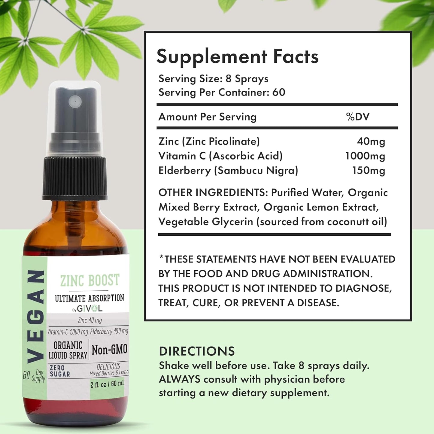 Organic ZINC Boost Mist 40 mg (Extra Strength) - Sugar Free with Vit C and Elderberry Extract - Vegan Liquid Spray for Kids and Adults - Easy Absorption - Non-GMO - (60 ml) 60 Days Supply