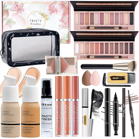 Makeup Set Kit for Women Full Kit, Makeup Present for Women Teen Girl, Eyeshadow Foundation Face Primer Brush 3 in 1 Palette Lip Gloss, Eyebrow Soap Mascara Eyeliner cosmetic bag