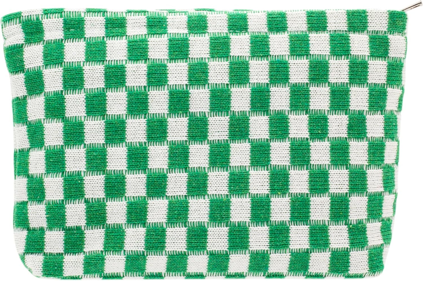 PAZIMIIK Knitted Checkered Makeup Bag Large Zipper Make Up Accessory Pouch for Purse Cosmetic Brush Bag for Travel Essential,Green