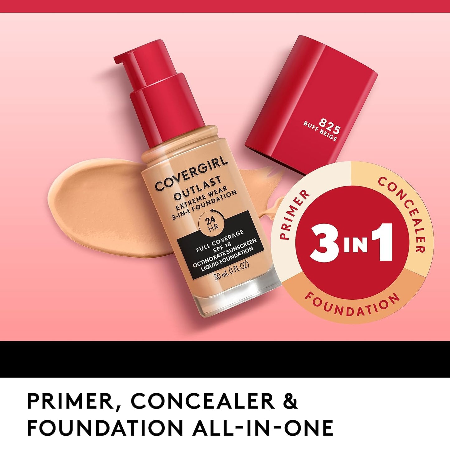 Covergirl Outlast Extreme Wear 3-in-1 Full Coverage Liquid Foundation, SPF 18 Sunscreen, Natural Tan, 1 Fl. Oz.
