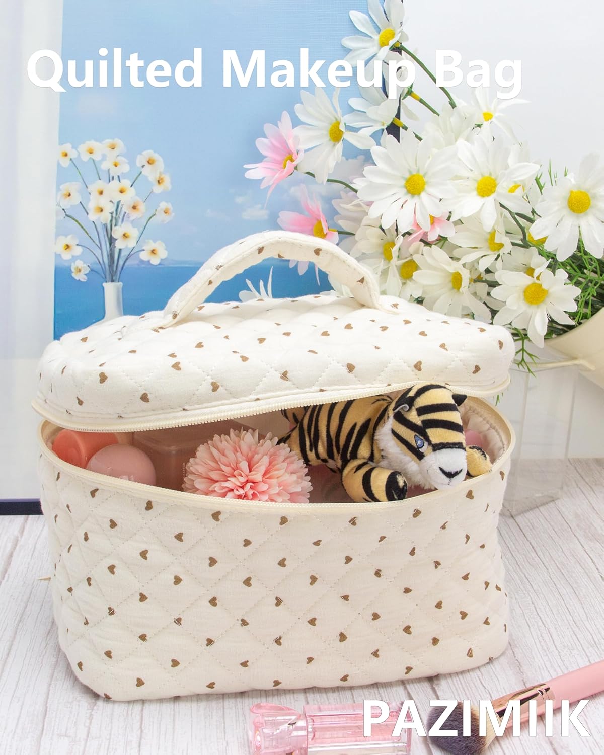 PAZIMIIK Quilted Makeup Bag Large Travel Zipper Soft Cosmetic Case for Women Girls Make Up,Gauze Heart Coffee