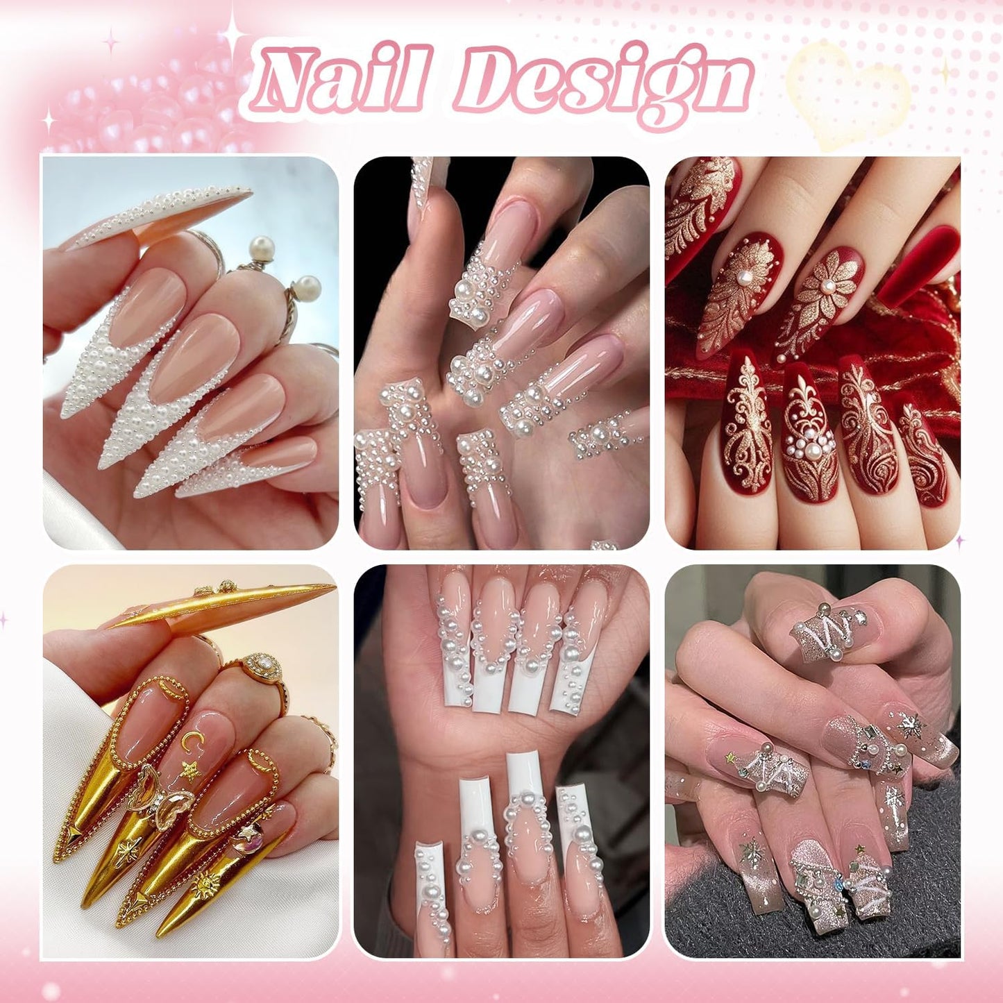 2 Boxes Flatback Pearls (White+Beige) and Silver+Gold Nail Beads for Nail Art with Rhinestone Glue Gel, Pearl Nail Charms and Gems and Small Round Caviar Beads for Acrylic Nail Tips Manicure