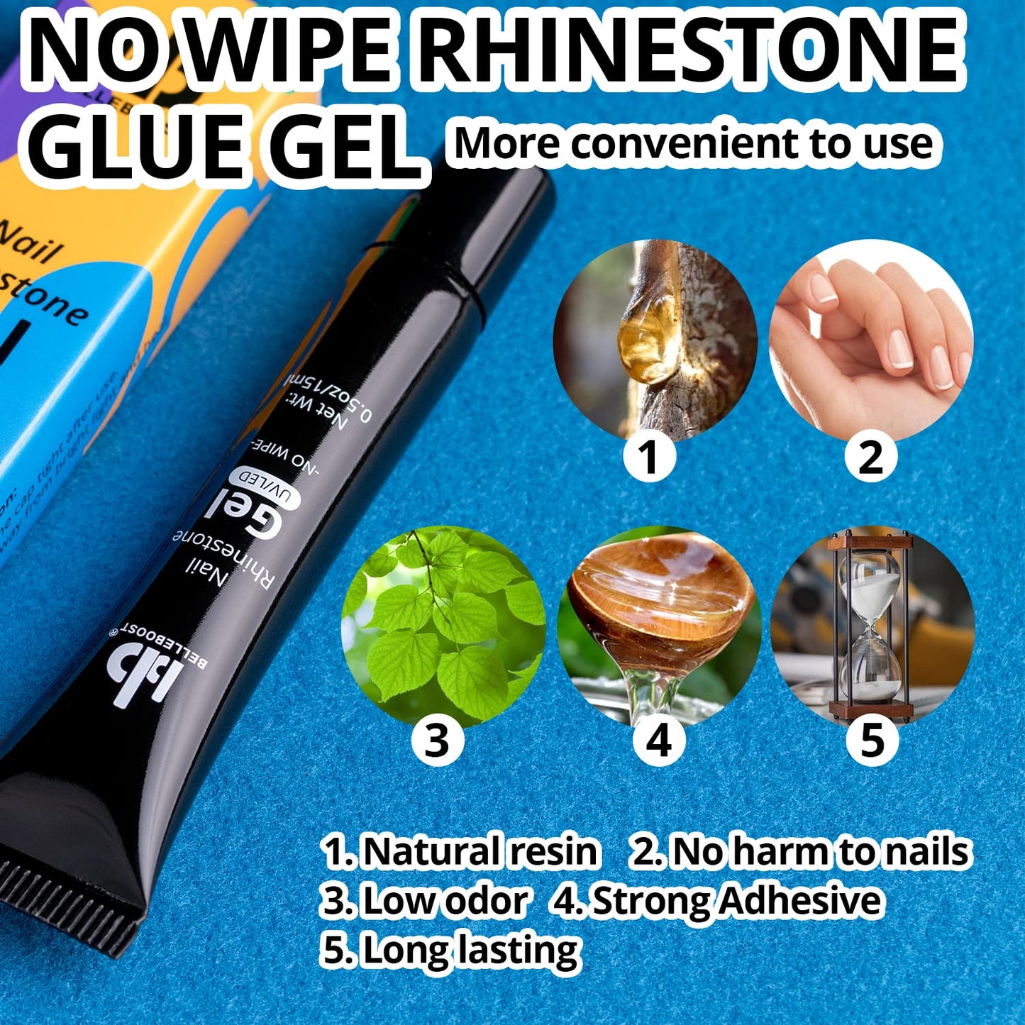 Nail Art Rhinestone Glue Gel&2 Boxes Flatback Gems Kit, 1 Tube of 15ml Rhinestone Gel Glue(UV/LED Needed)+Round AB Gems+Flat-Back Half Round White&Beige Pearls with Pickup Tools