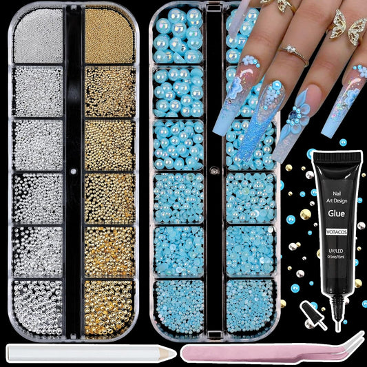 Nail Art Pearls with Rhinestones Glue Gel Flatback Pearls Nail Charms Luxurious Nails Supplies Accessories Gold Silver Gems Jewelry Pearl for Women Nails Design(Blue)