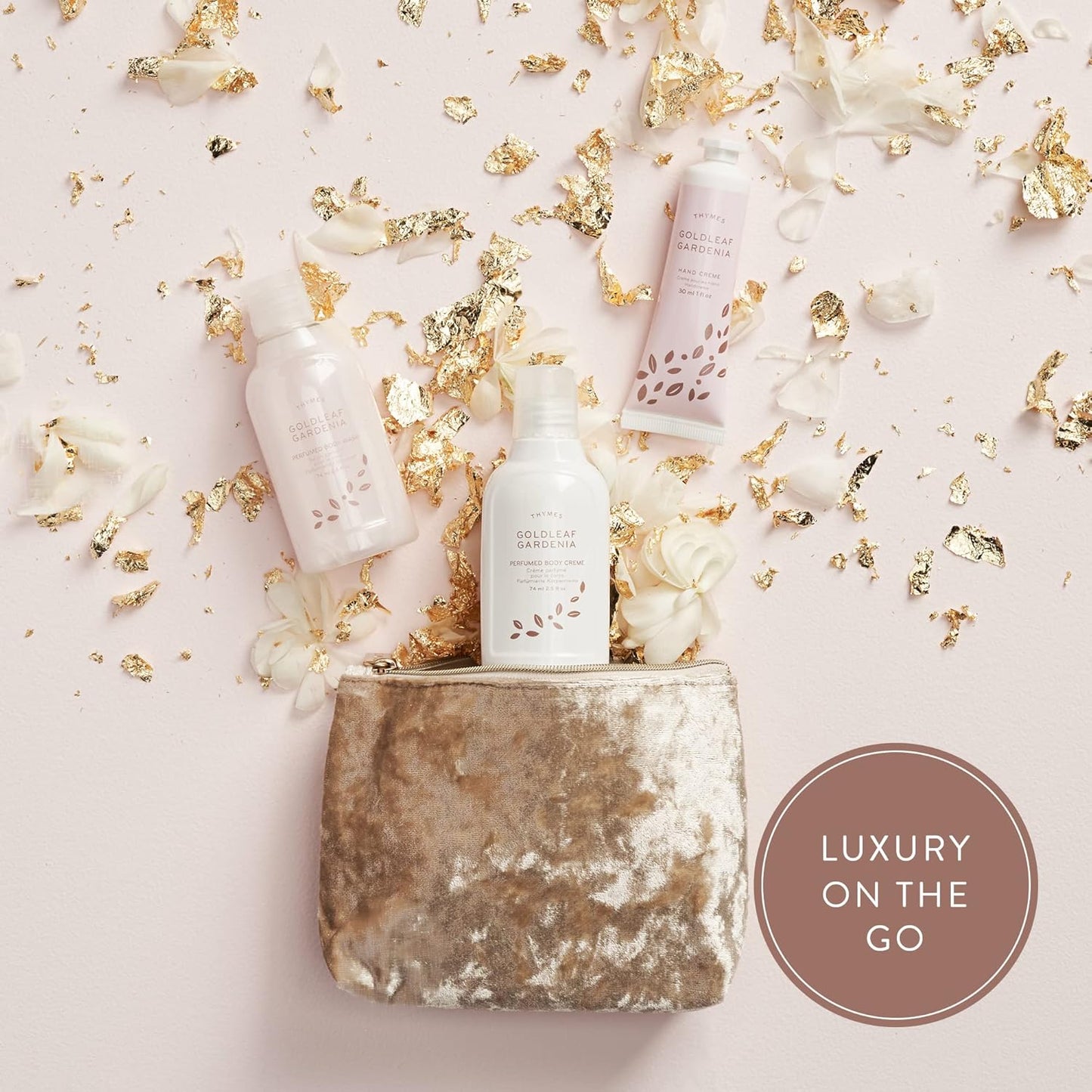 Thymes Perfumed Travel Set and Beauty Bag - Contains Body Wash, Body Lotion & Hand Cream - Goldleaf Gardenia