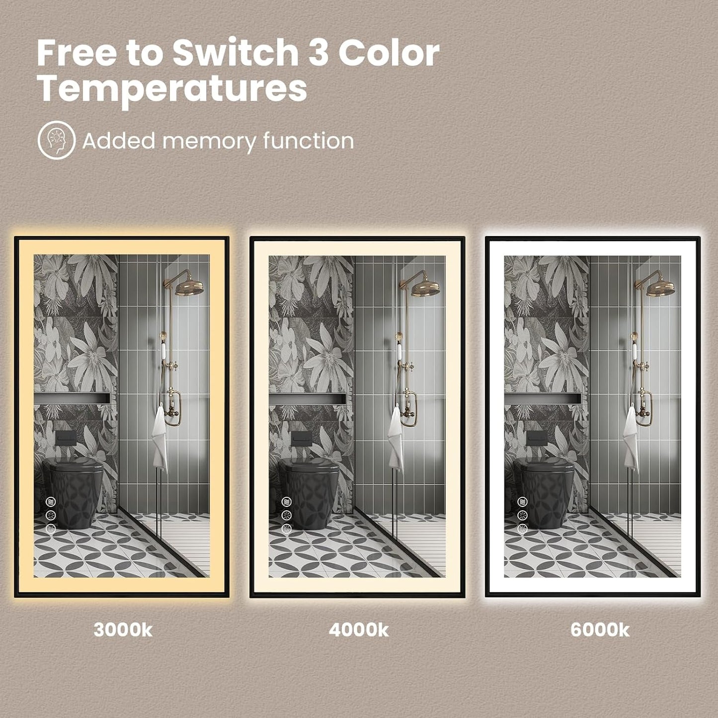 Amorho 40"x 32" LED Bathroom Mirror with Black Frame, Front Light and Backlit(Controlled Separately), Stepless Dimmable, Anti-Fog, Shatter-Proof, 3 Colors, Memory