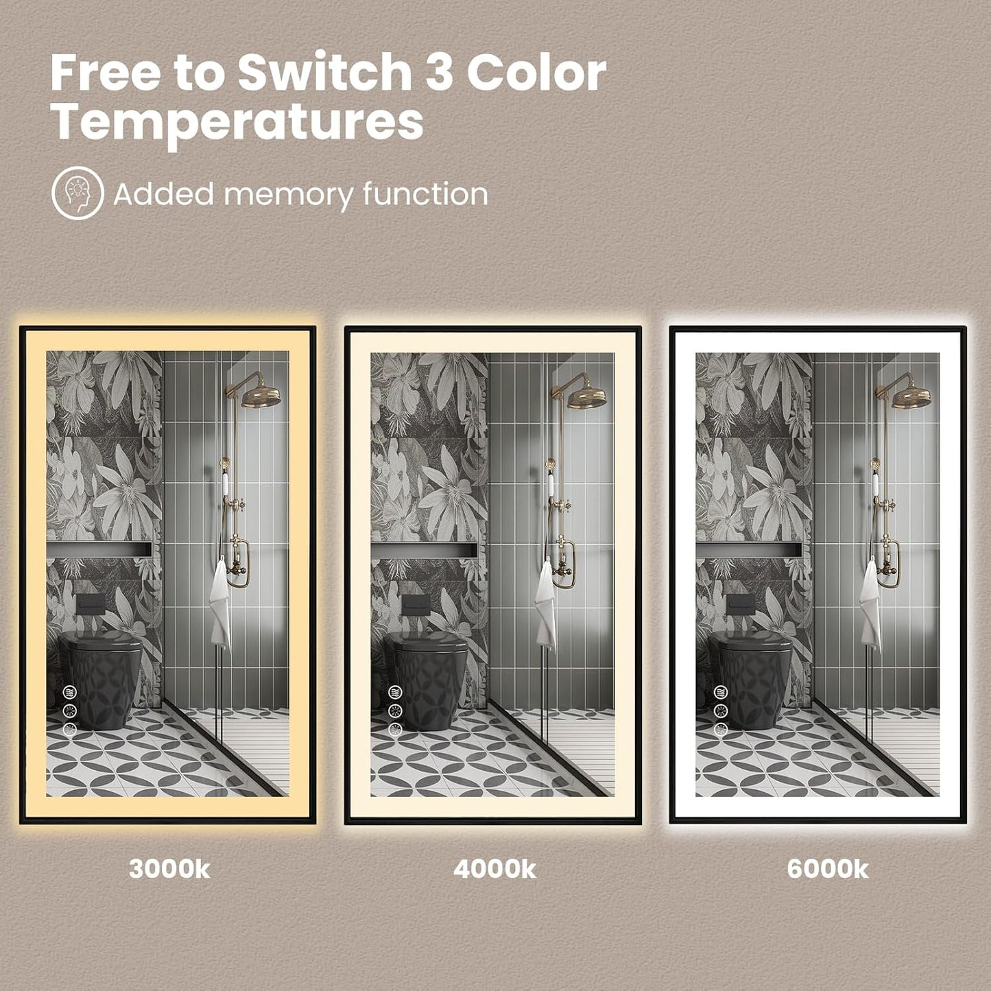 Amorho 55" X40" LED Bathroom Mirror with Black Frame, Front Light and Backlit(Controlled Separately), Stepless Dimmable, Anti-Fog, Shatter-Proof, 3 Colors, Memory