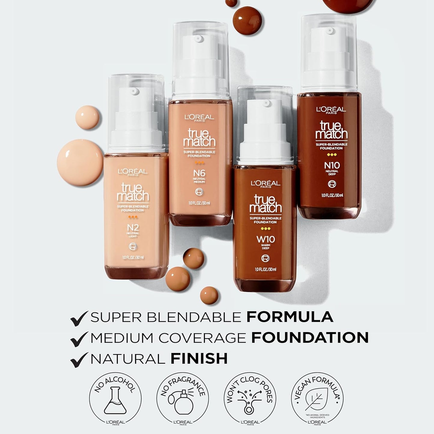 L'Oreal Paris True Match Super-Blendable Foundation, Medium Coverage Liquid Foundation Makeup, C4, Light Medium, 1 Fl Oz