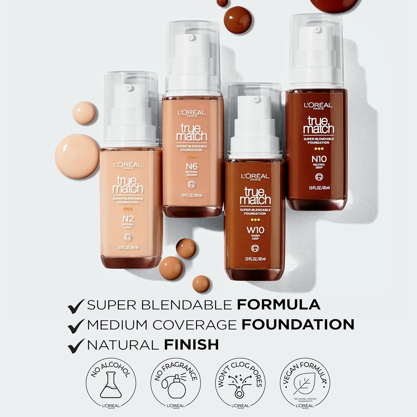 L'Oreal Paris True Match Super-Blendable Foundation, Medium Coverage Liquid Foundation Makeup, W5, Medium, 1 Fl Oz