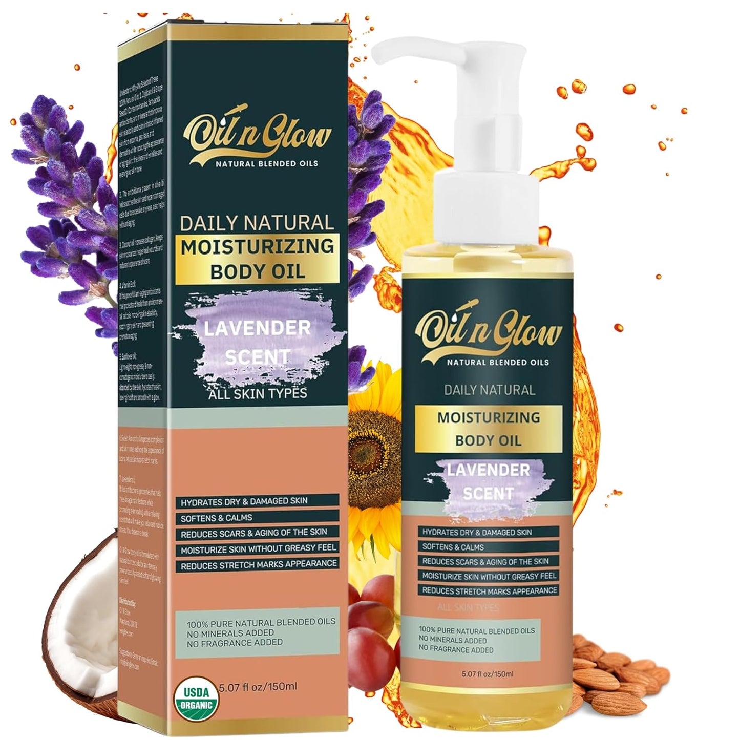 USDA Certified Organic Pure Natural Hydrating Body Oil After Shower With Coconut, Jojoba, Olive & Almond Non-Greasy Moisturizing Oil For Women & Men Dry Skin 5.07 fl oz/150ml- Lavender Scent