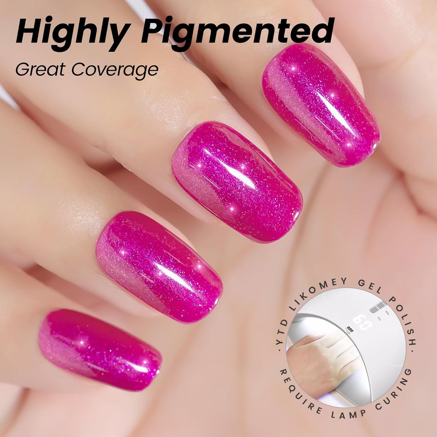 YTD Likomey Hot Pink Glitter Gel Nail Polish,15ml Shimmer Shiny Sparkly Salon Home DIY Manicure Fall Winter UV Color Varnish,SF406